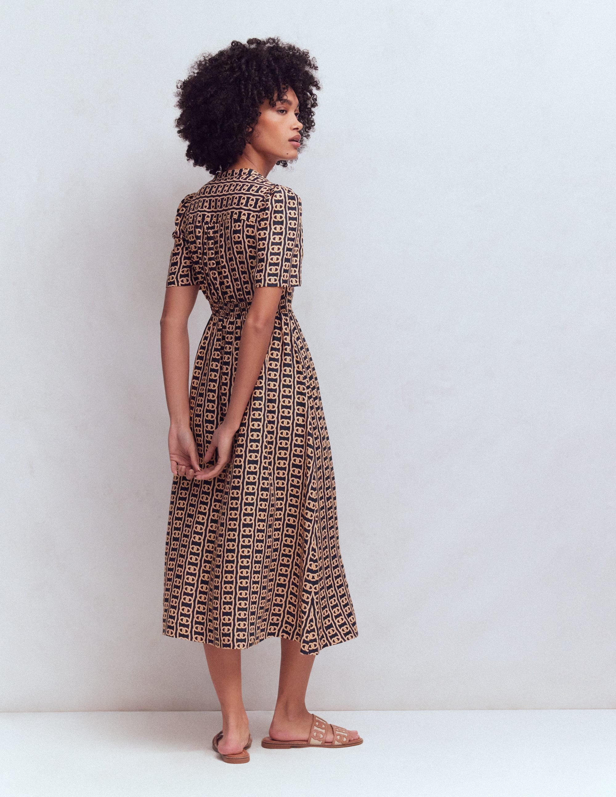 Ivy Linen Midi Dress-French Navy, Rope Trellis - Image 3