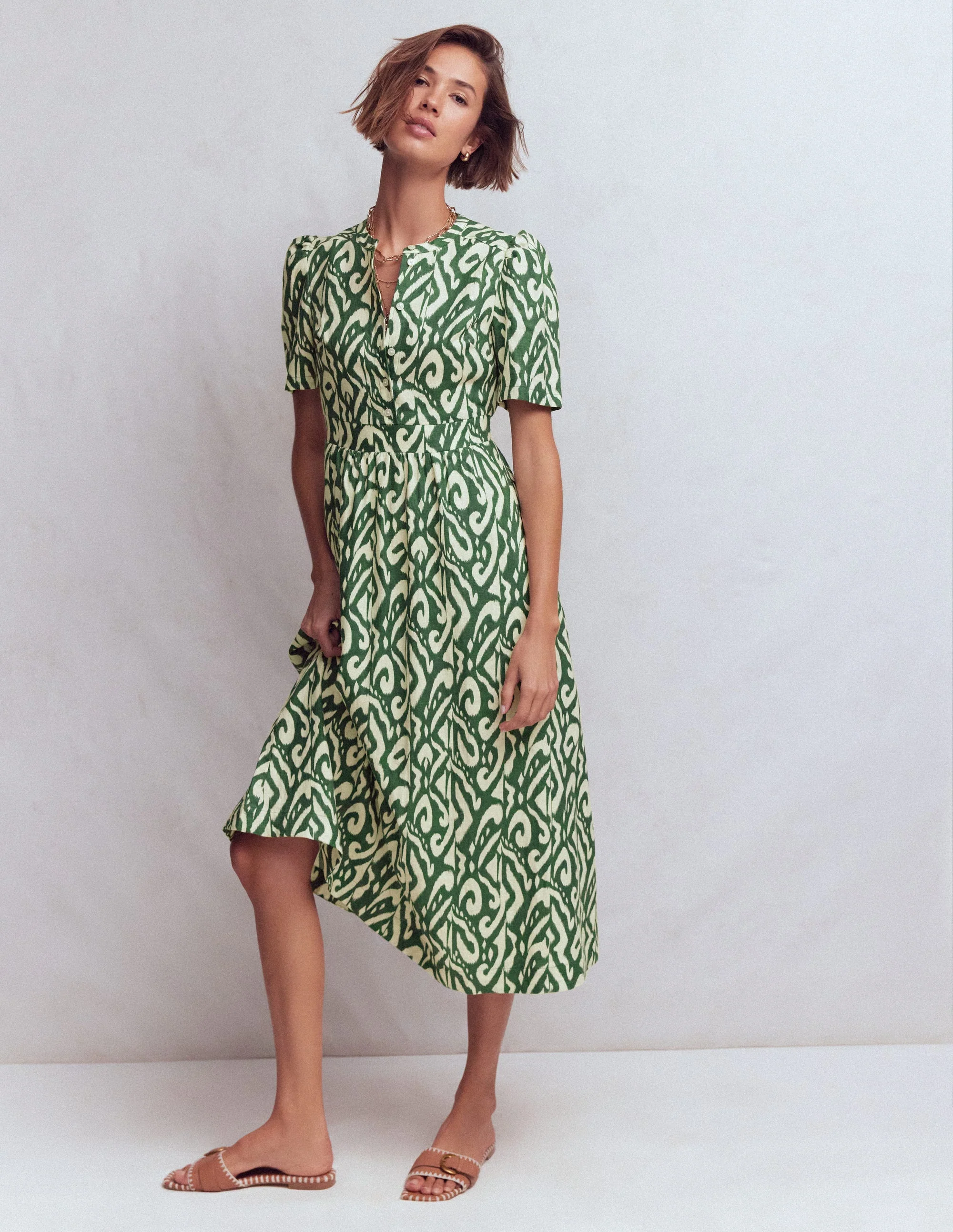 Ivy Linen Midi Dress-Hunter Green Ikat - Image 4