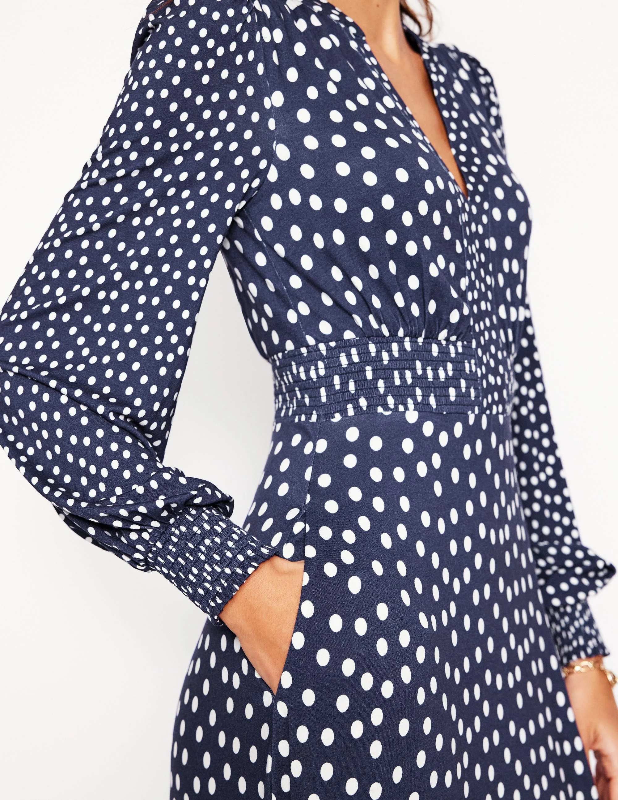 Ivy Smocked Midi Dress-College Navy, Abstract Dot - Image 4