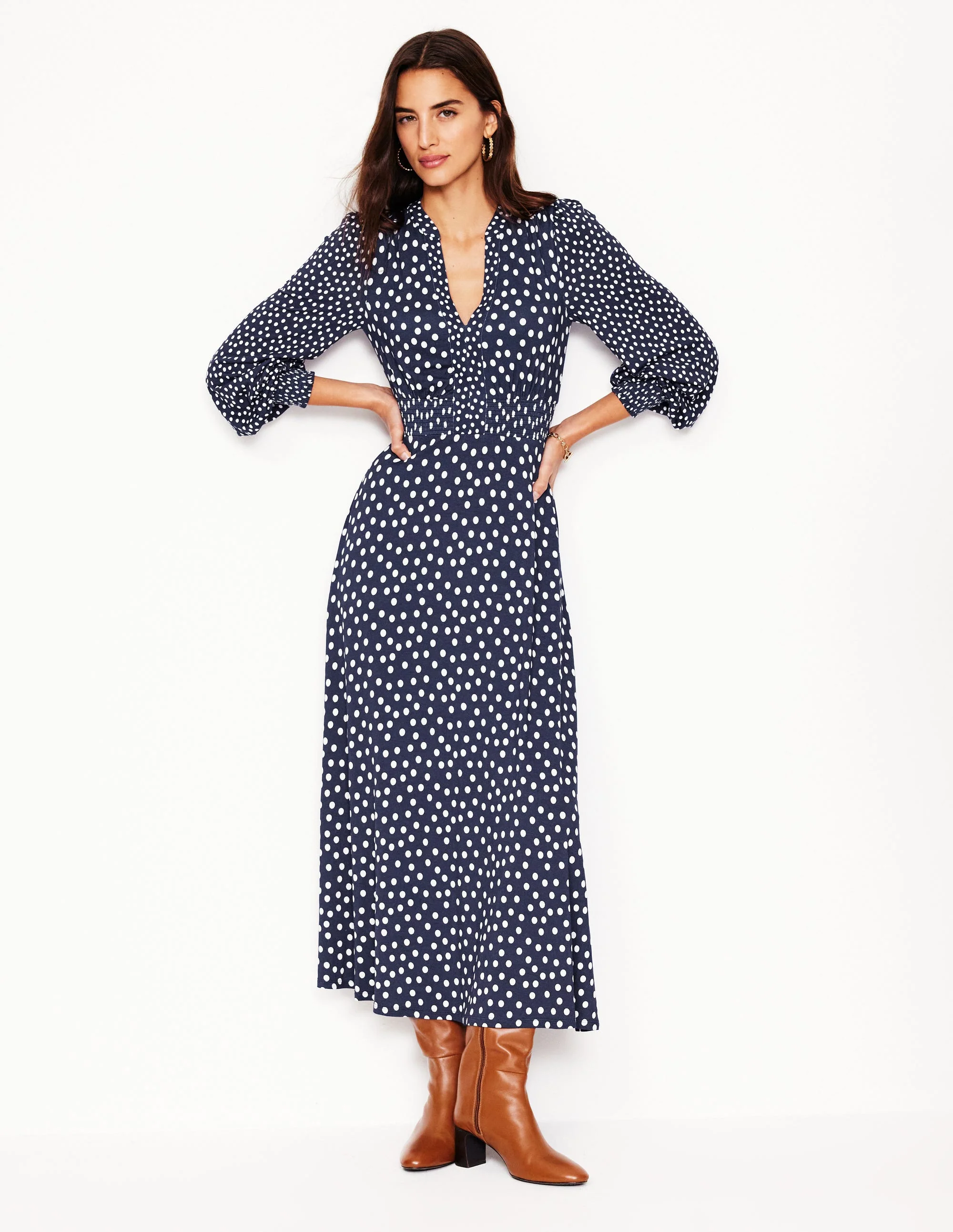 Ivy Smocked Midi Dress-College Navy, Abstract Dot - Image 5
