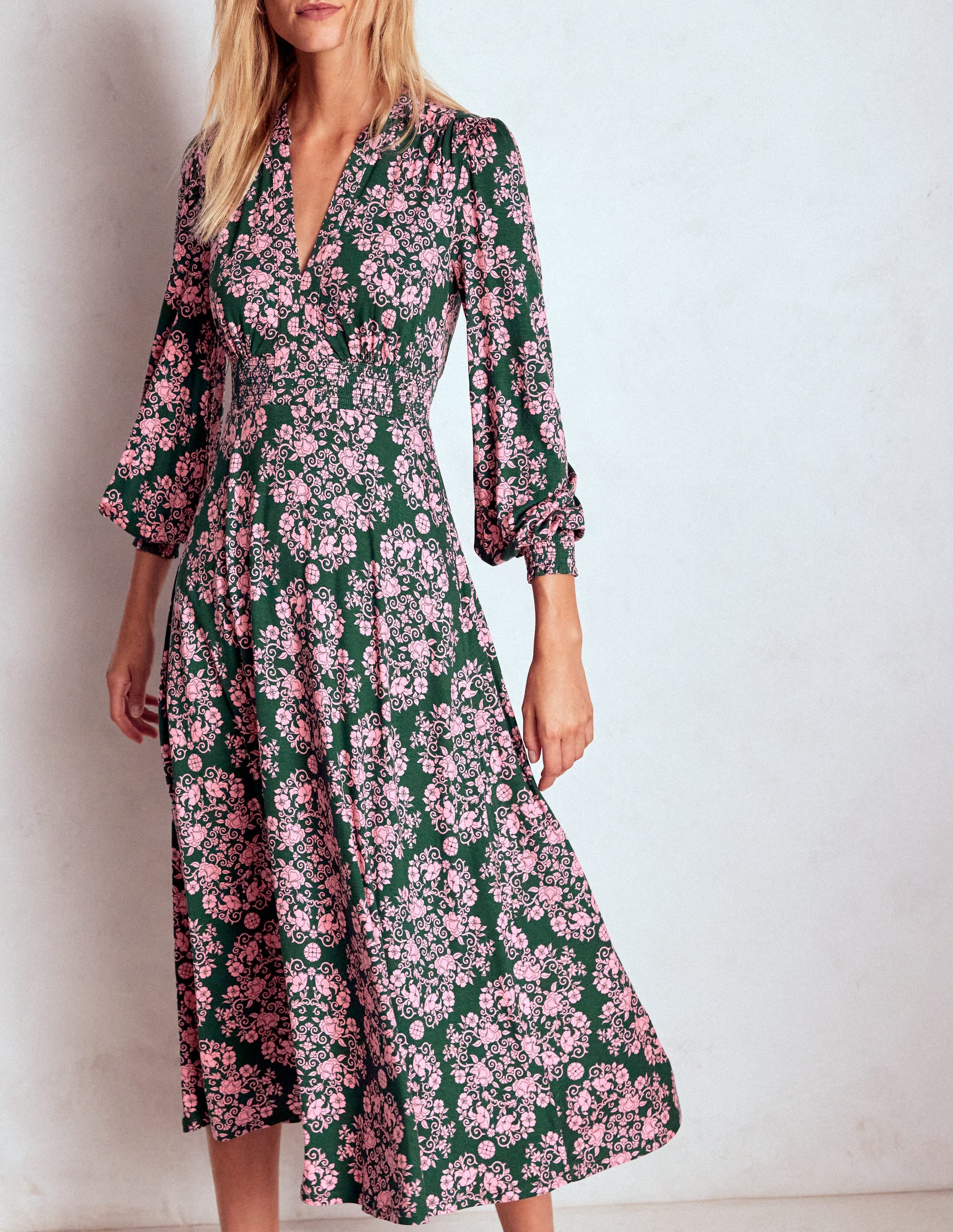 Ivy Smocked Midi Dress-Green, Ornamental Lattice - Image 3