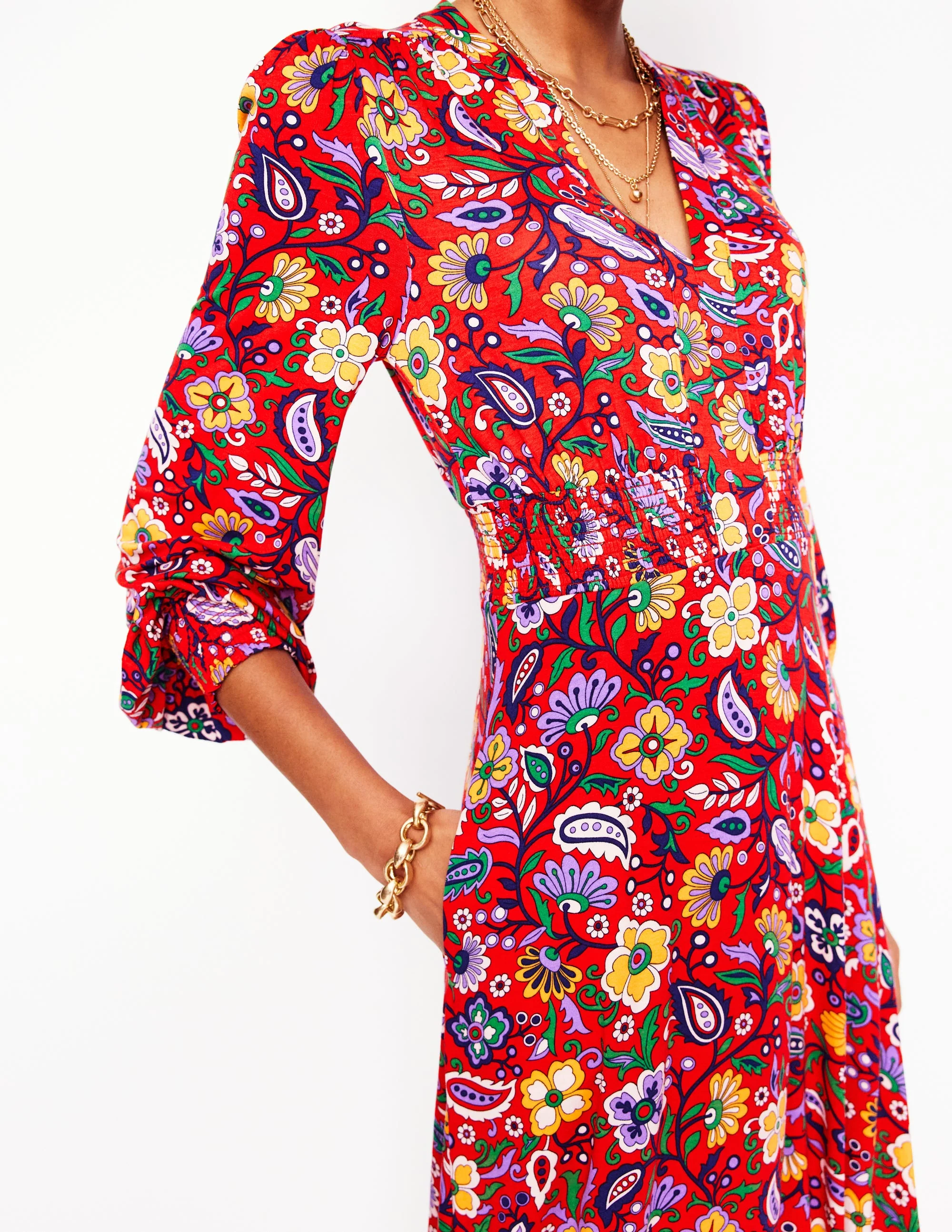 Ivy Smocked Midi Dress-Poppy Red, Oriental Paradise - Image 2