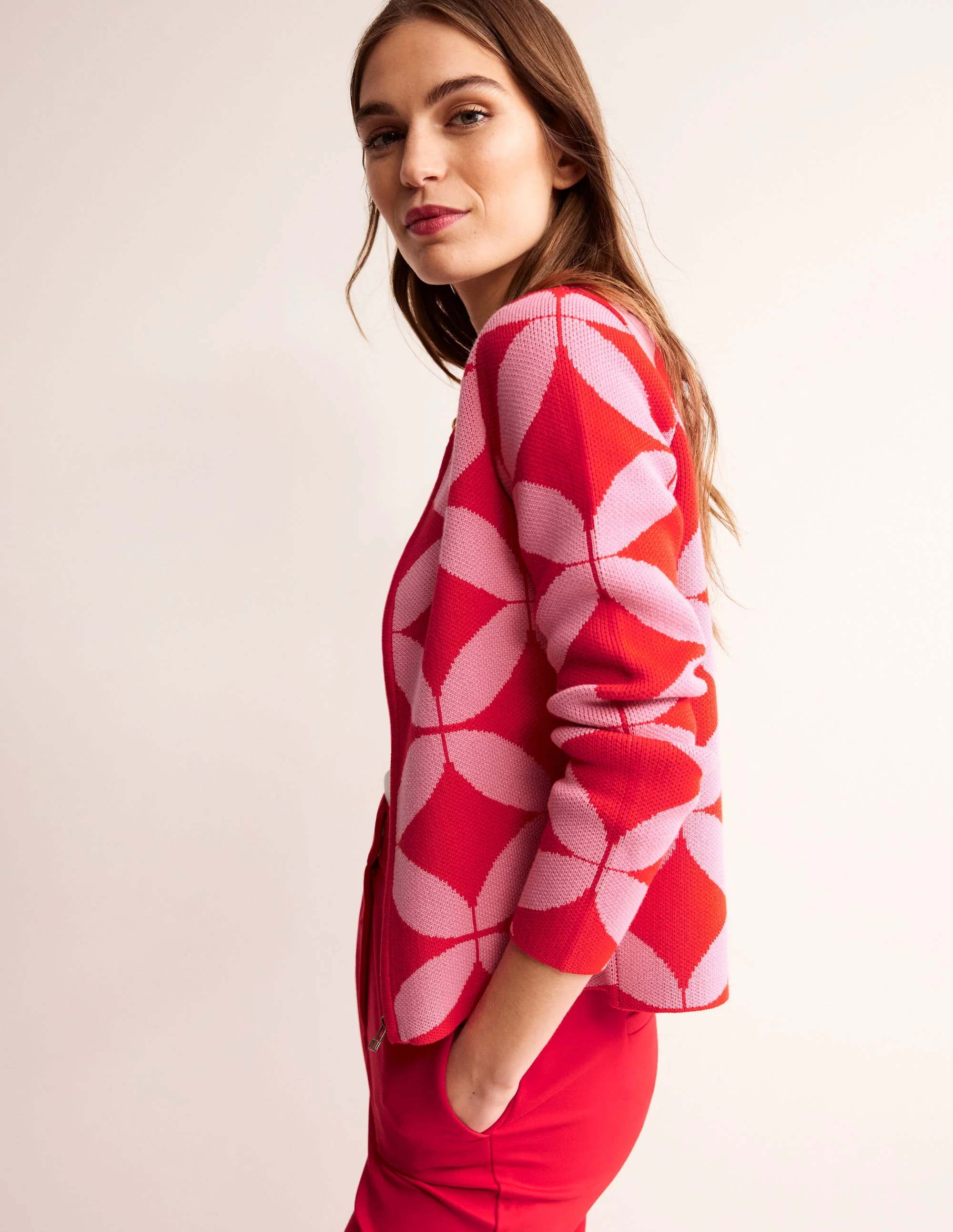 Jacquard Zip Up Cardigan-Ruby Red, Diamond Terrace