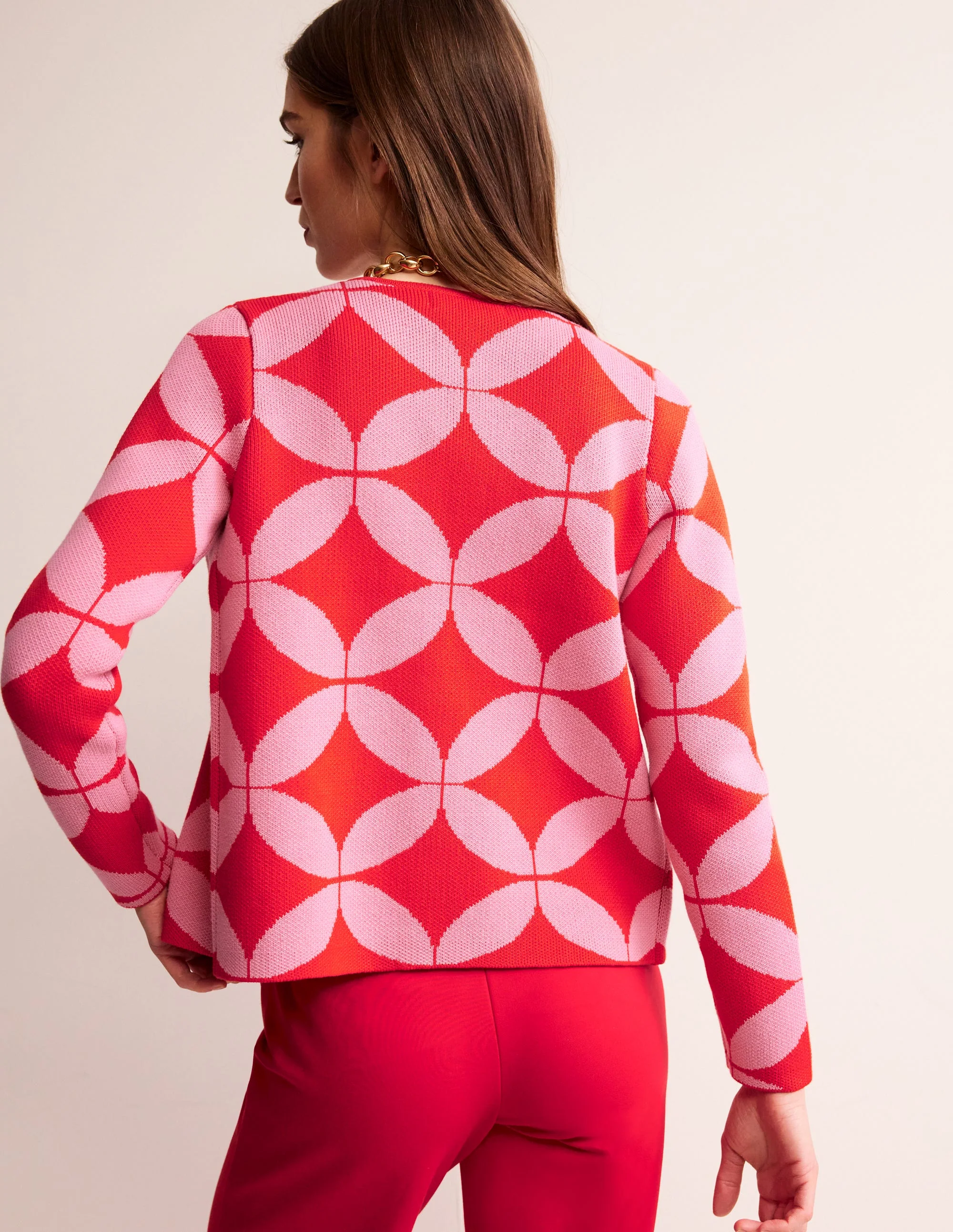 Jacquard Zip Up Cardigan-Ruby Red, Diamond Terrace - Image 3