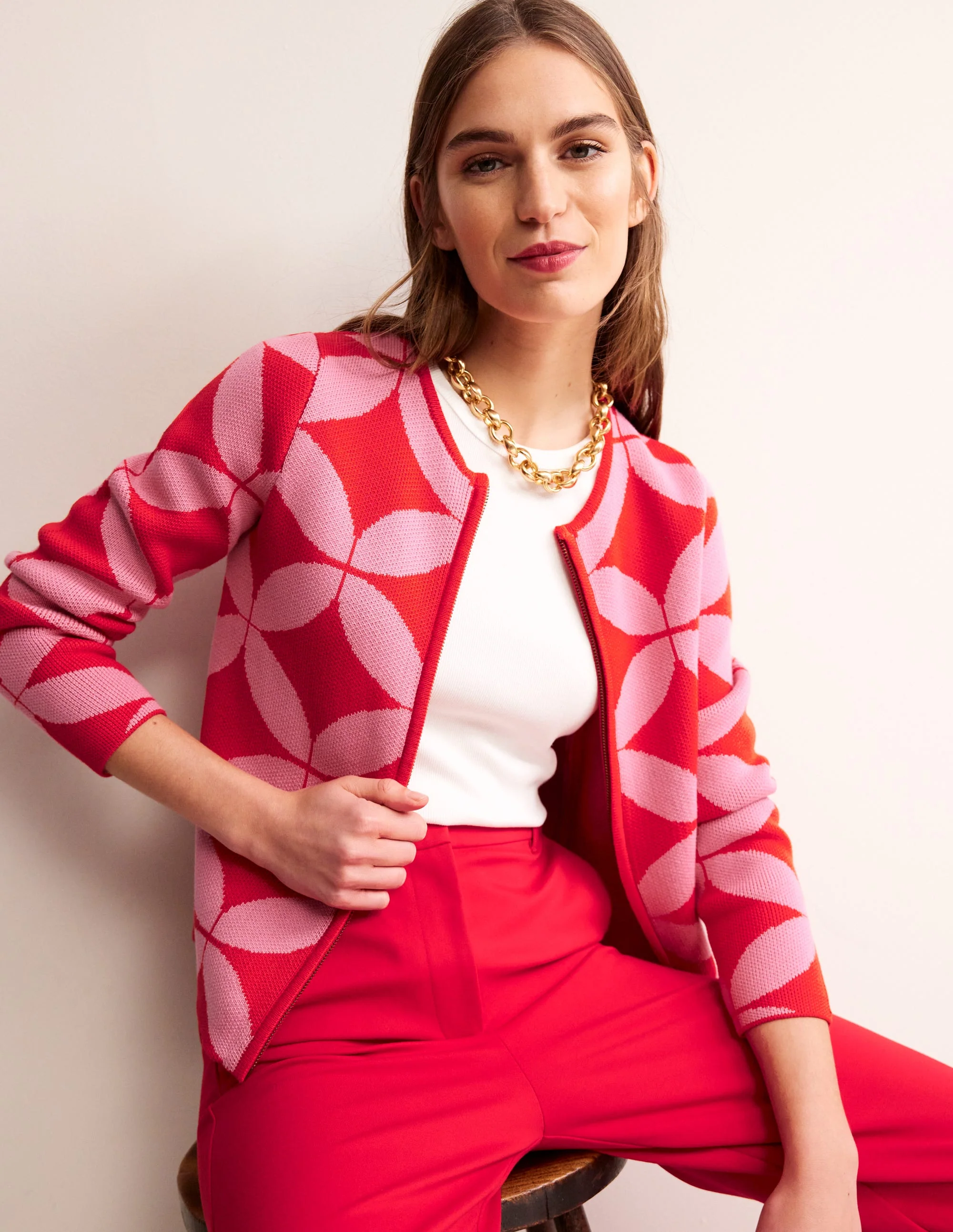 Jacquard Zip Up Cardigan-Ruby Red, Diamond Terrace - Image 4