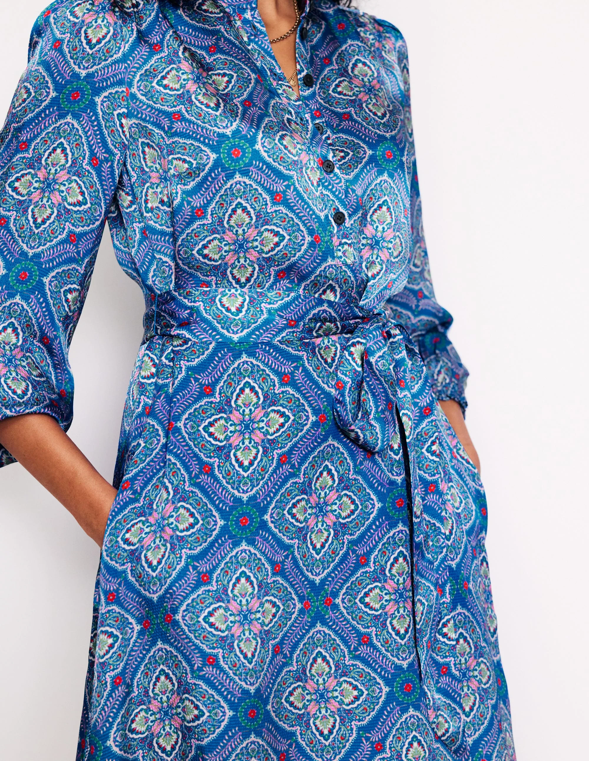Jasmine Satin Midi Dress-Directoire Blue, Ornate Mosaic - Image 3