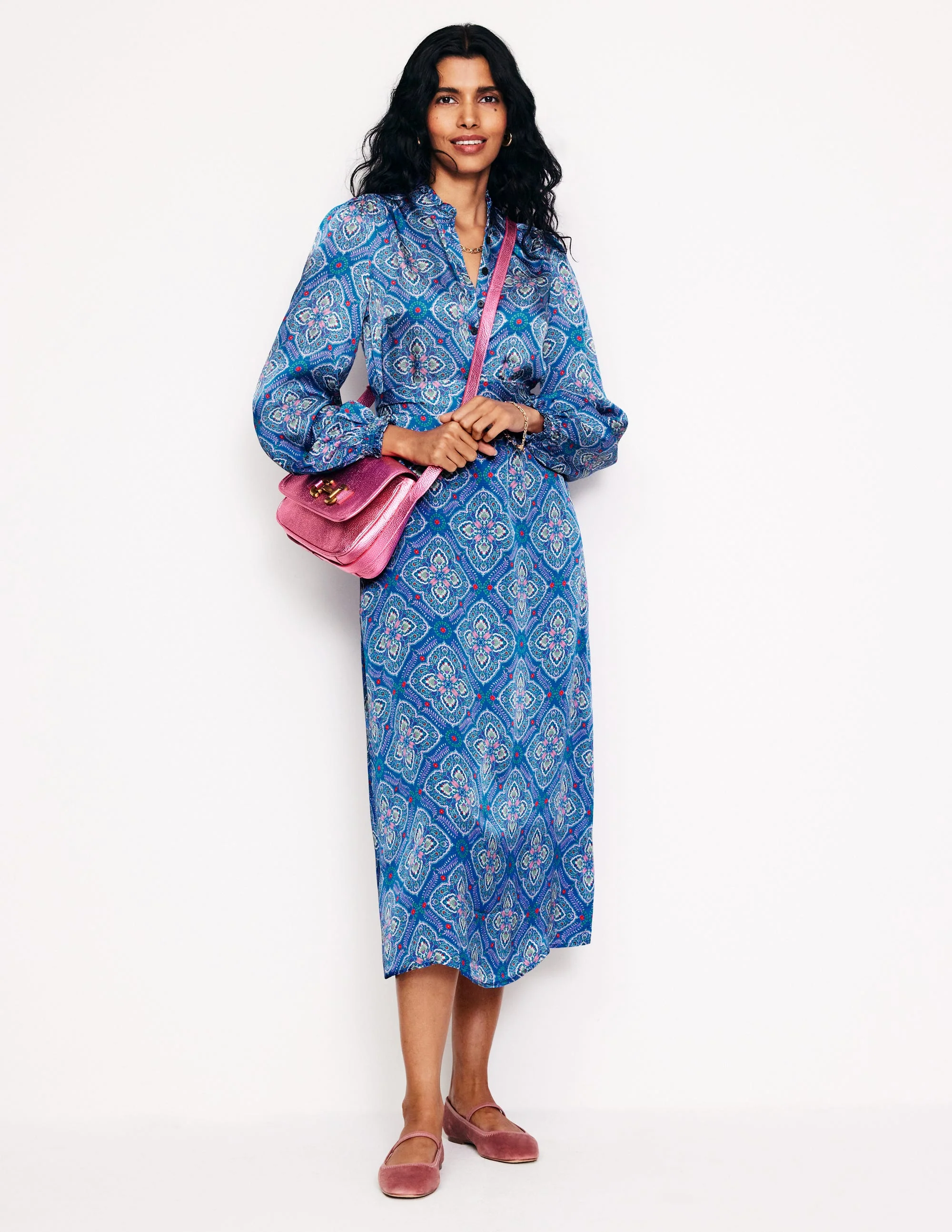Jasmine Satin Midi Dress-Directoire Blue, Ornate Mosaic - Image 5