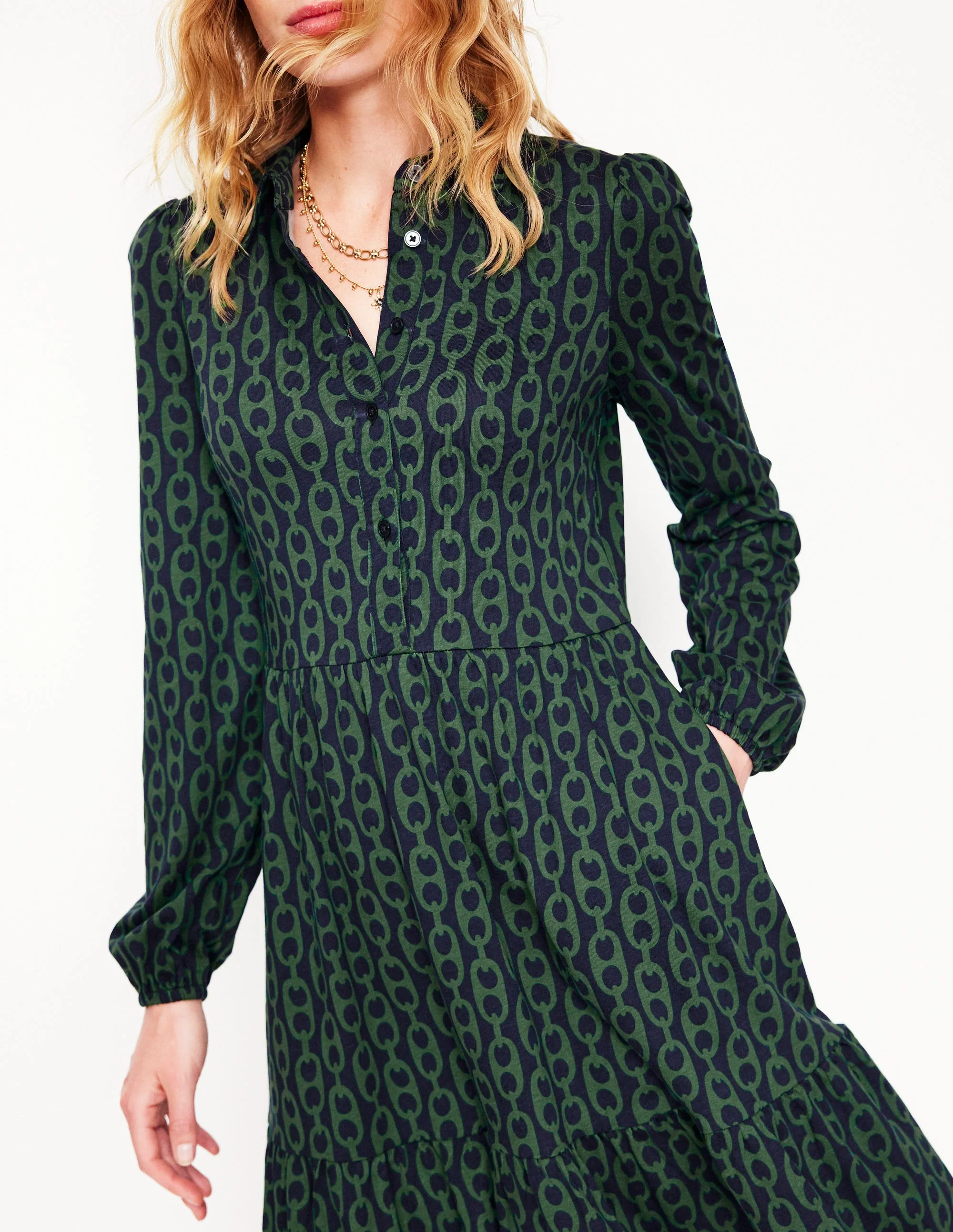 Jemima Tiered Jersey Dress-Pine, Geo Chain - Image 2