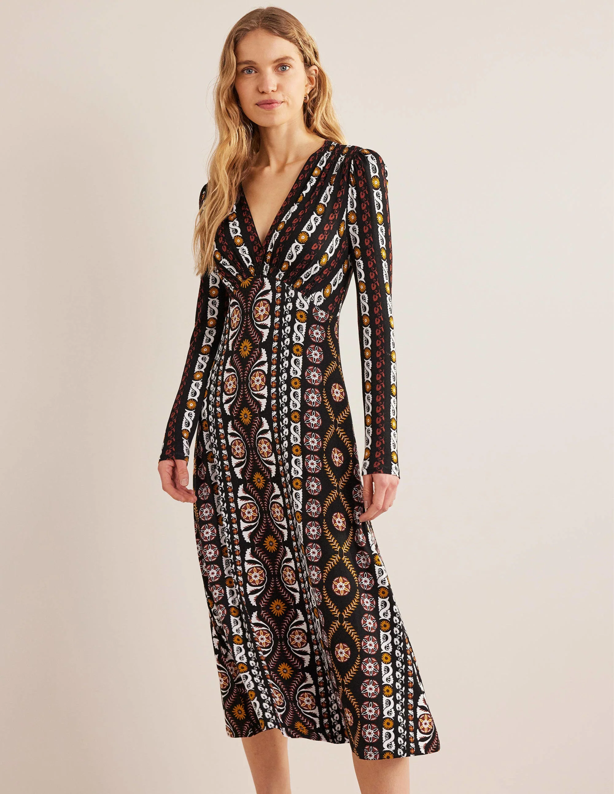 Jersey Midi Tea Dress-Black, Opulent Stripe
