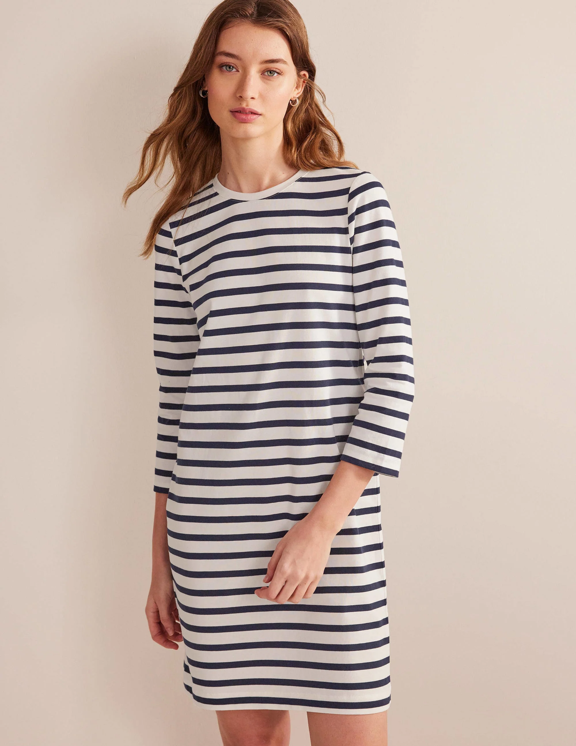 Jersey Mini T-Shirt Dress-Ivory and Navy Stripe