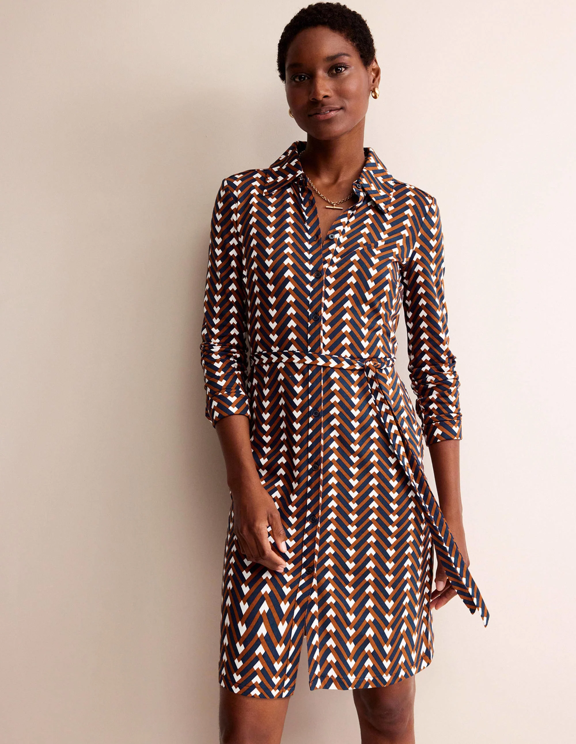 Jessie Jersey Shirt Dress-Pumpkin, Chevron Geo