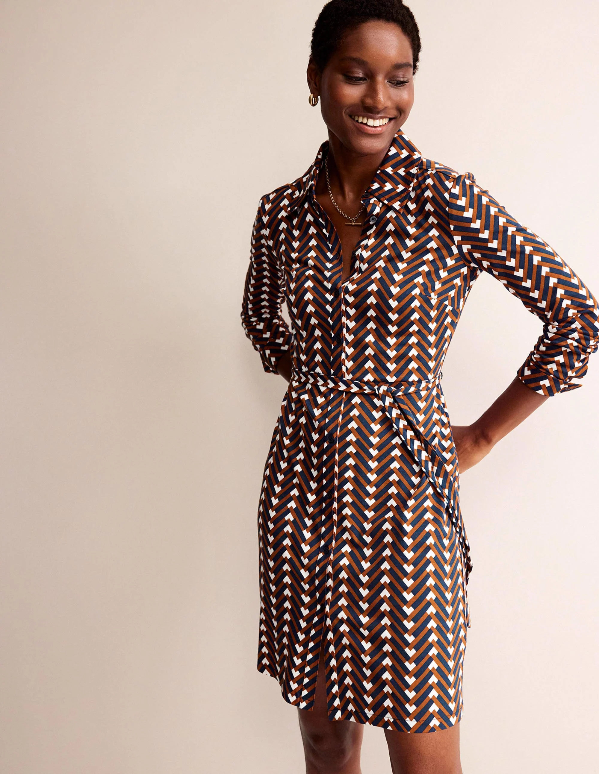 Jessie Jersey Shirt Dress-Pumpkin, Chevron Geo - Image 4