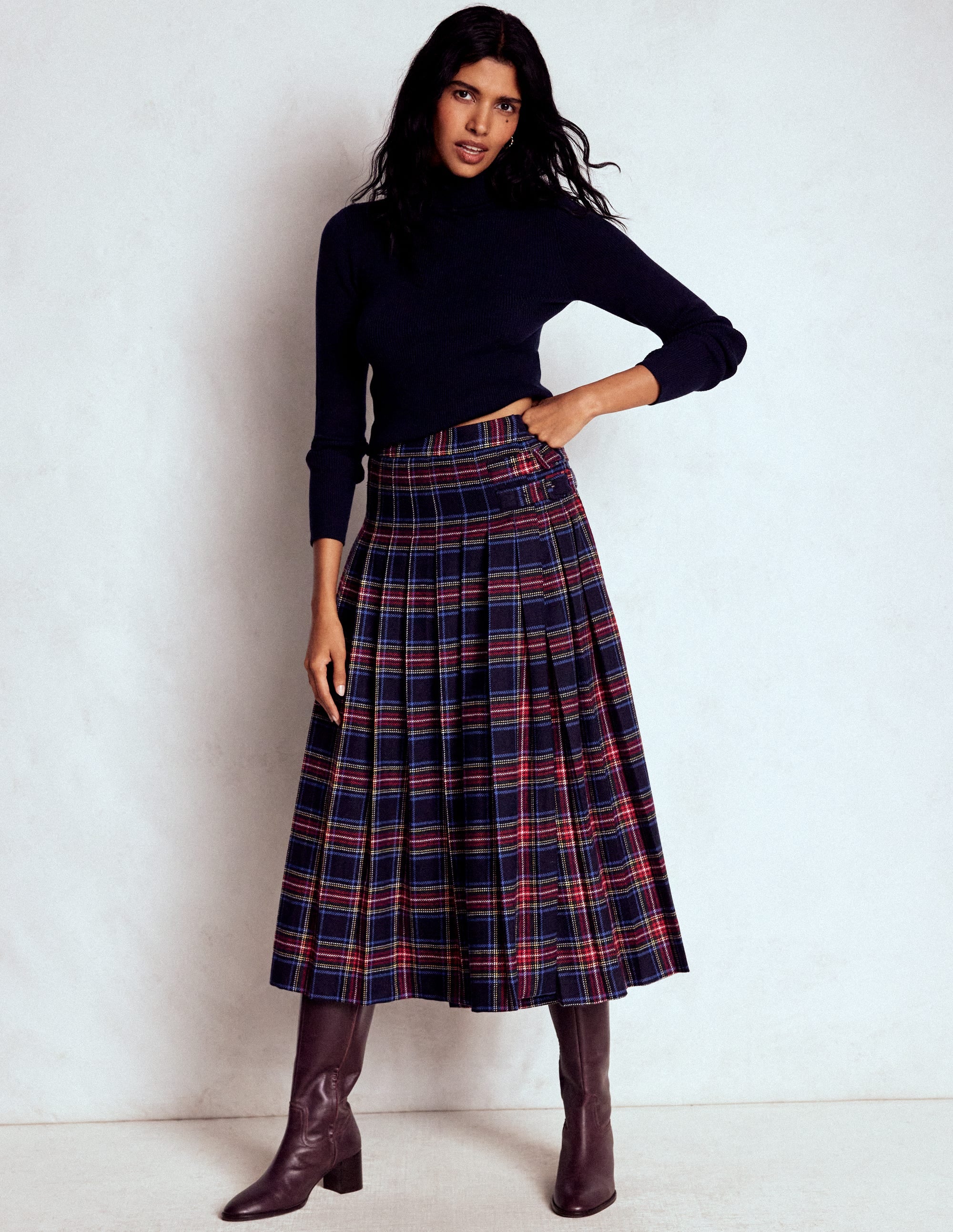 Josephine Wool Kilt Skirt-Navy, Green and Red Check