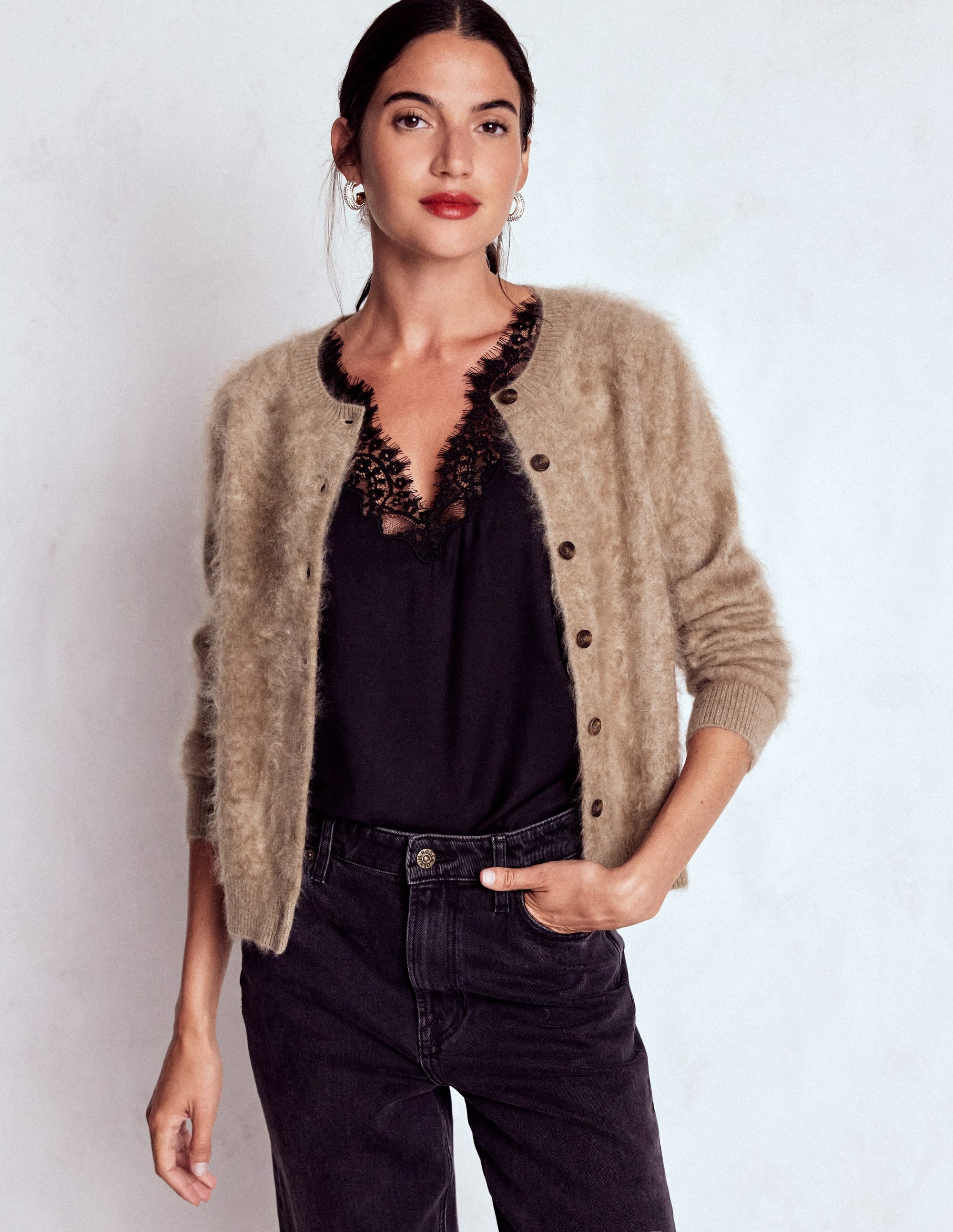 Kat Brushed Cashmere Cardigan-Dark Mink Melange - Image 4