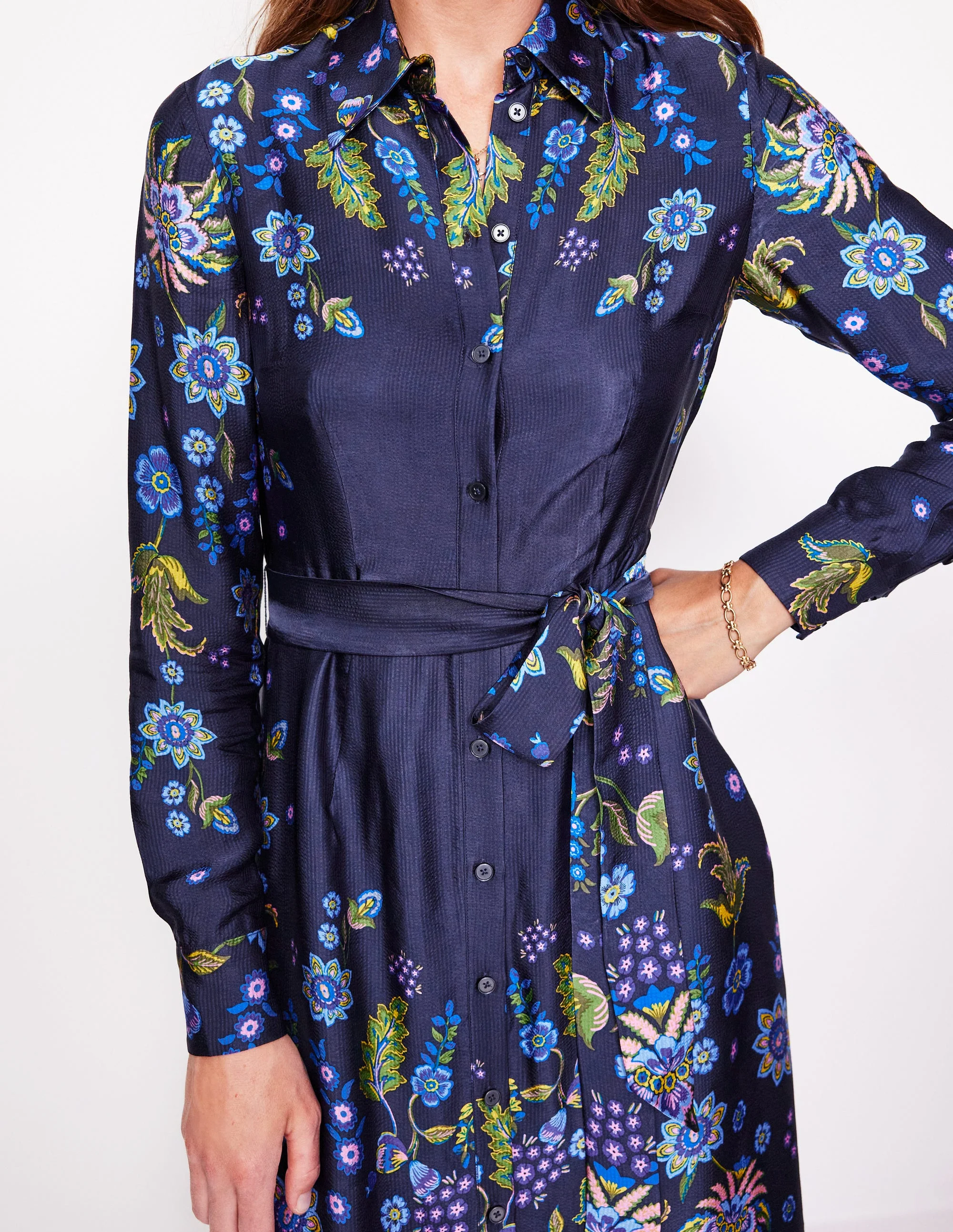 Kate Satin Shirt Dress-Blue, Blossom Flourish - Image 2