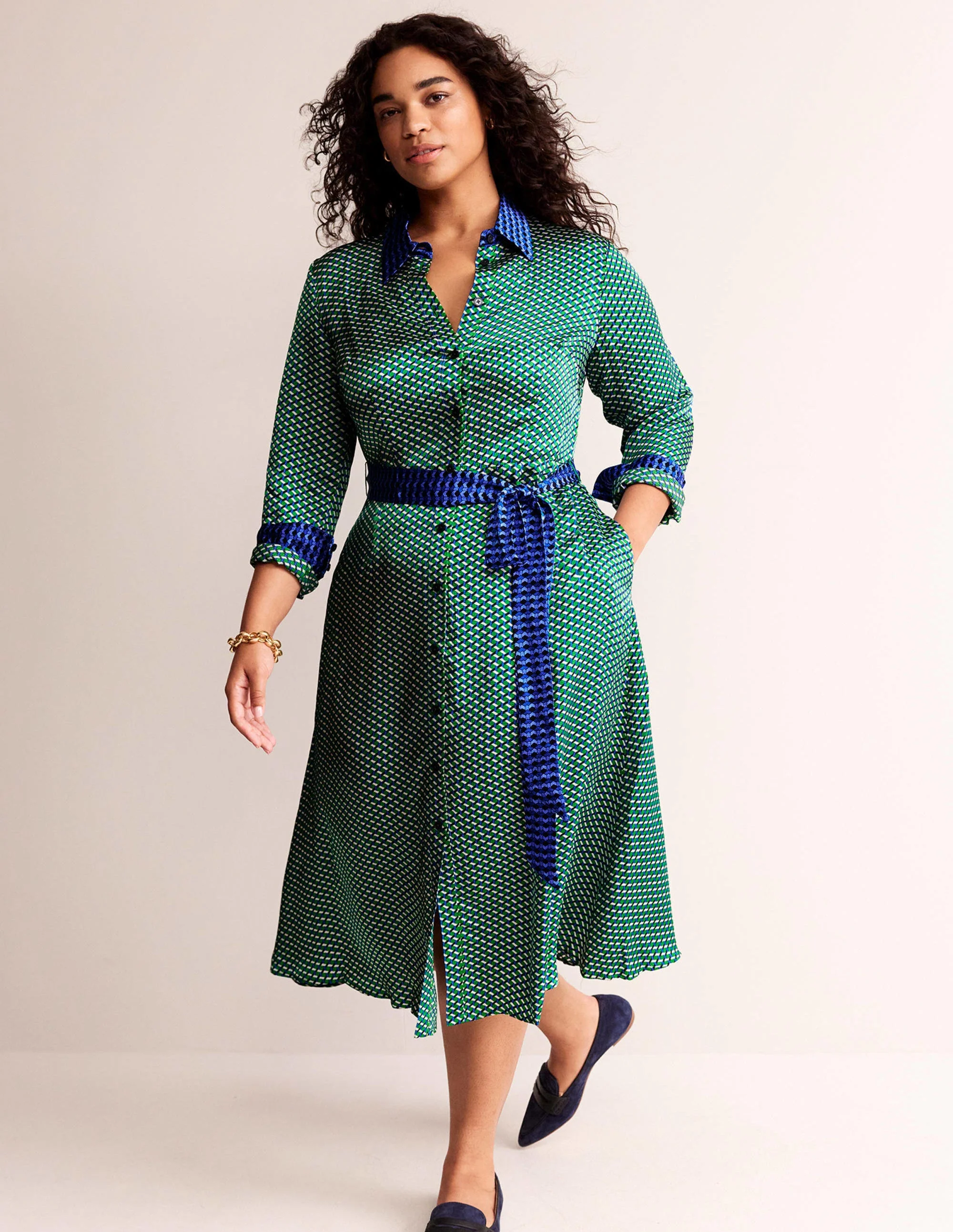 Kate Satin Shirt Dress-Bright Green, Geo Daze - Image 7