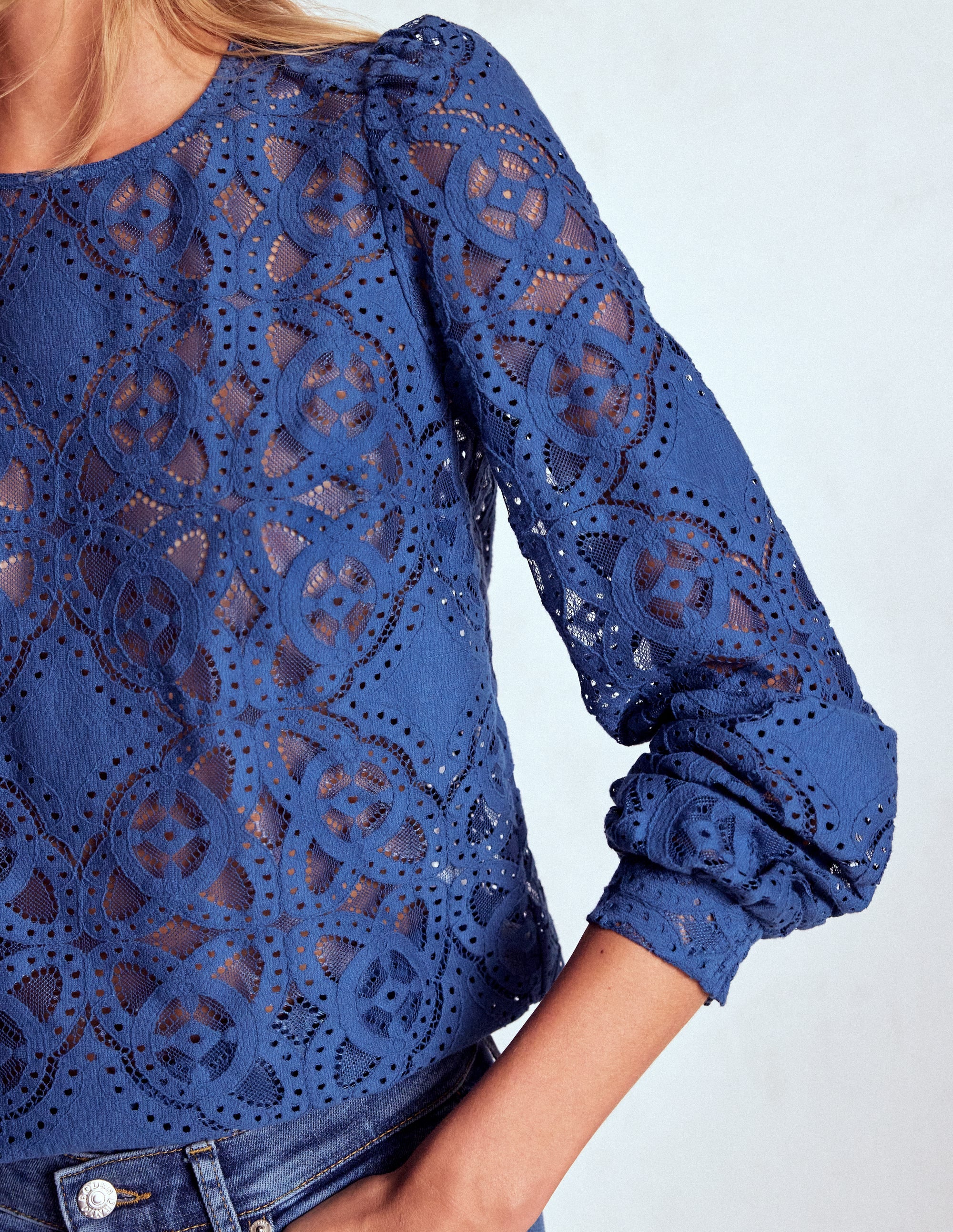 Lace Crew Neck Top-Denim Blue - Image 2