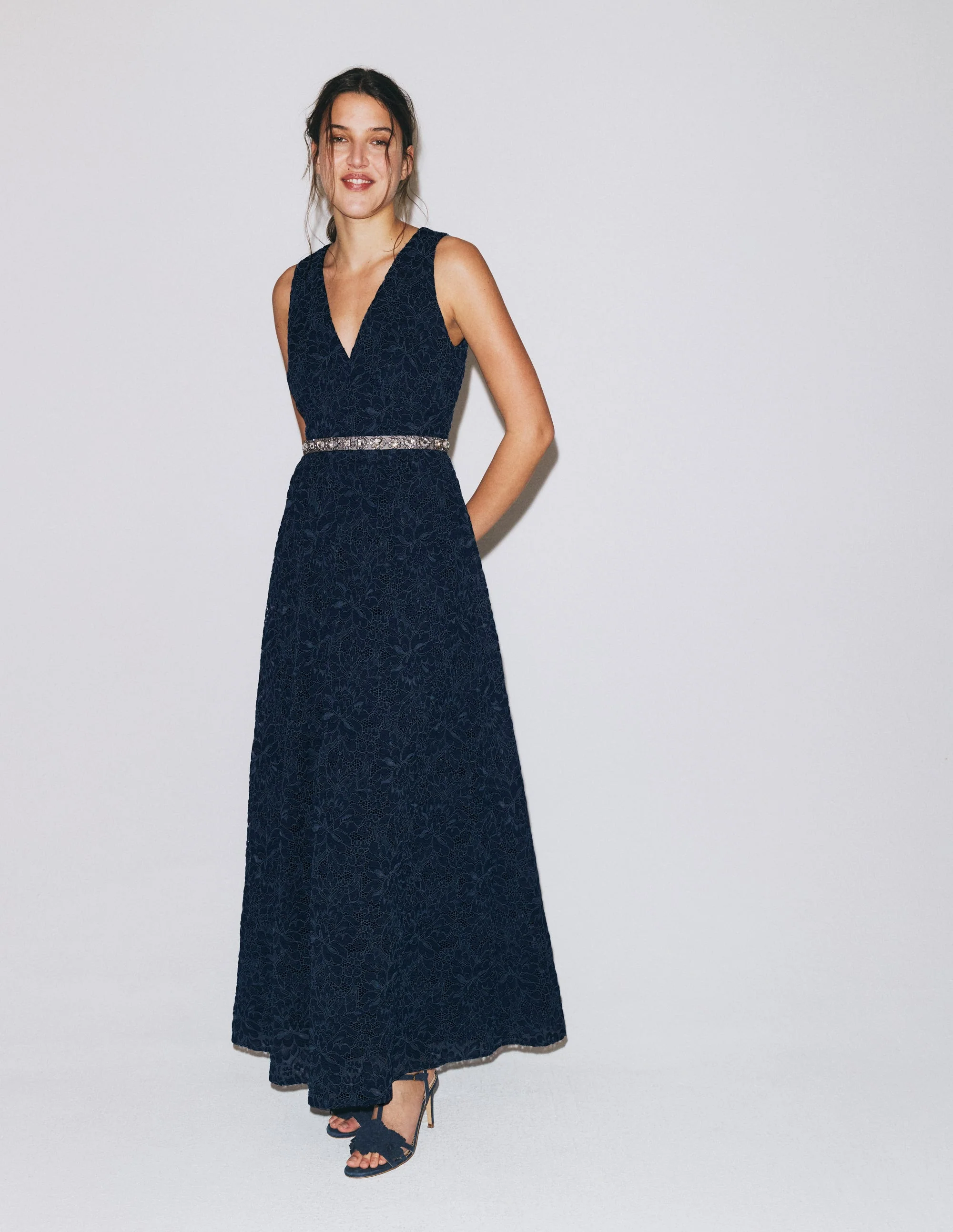Lace Plunge Neck Panel Dress-Navy