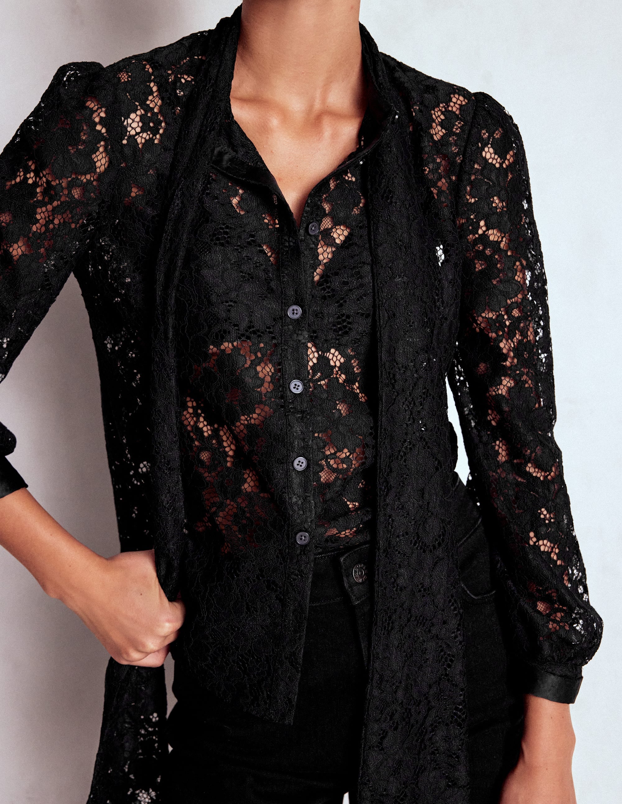 Lace Tie Neck Top-Black - Image 2