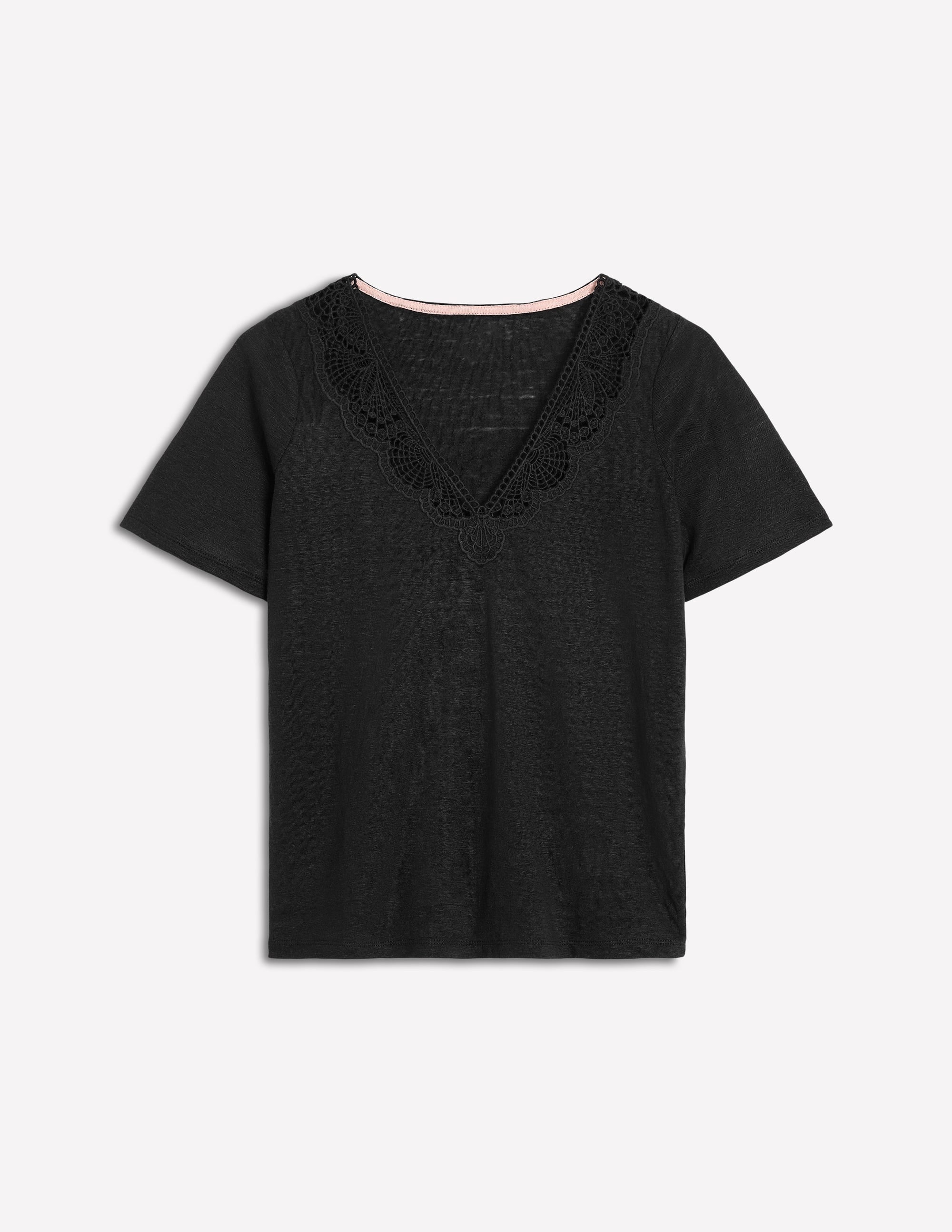 Lace Trim Linen T-shirt-Black - Image 5