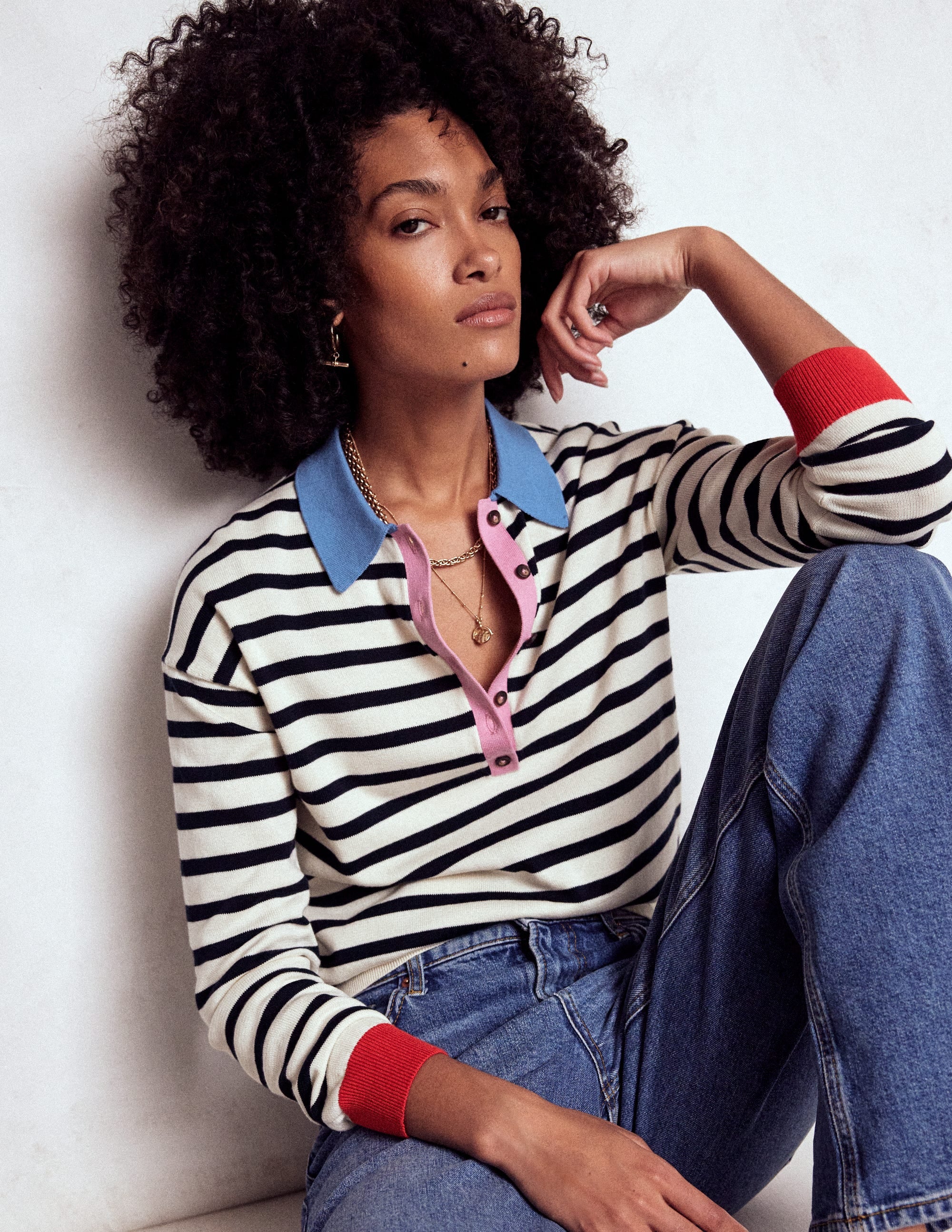 Lara Cotton Henley Jumper-Navy, Warm Ivory Stripe