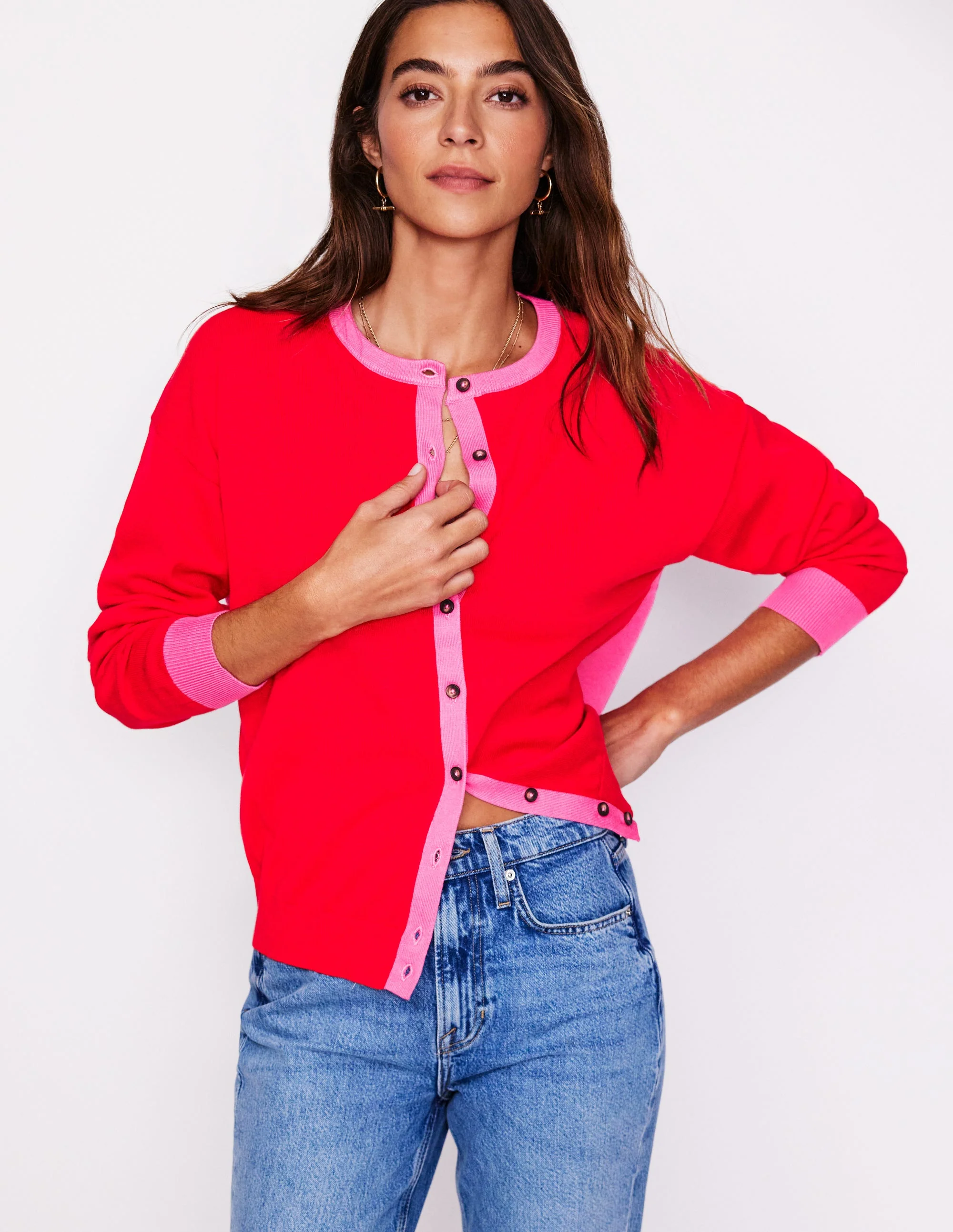 Lara Relaxed Cotton Cardigan-High Risk Red, Carmine Rose - Image 4