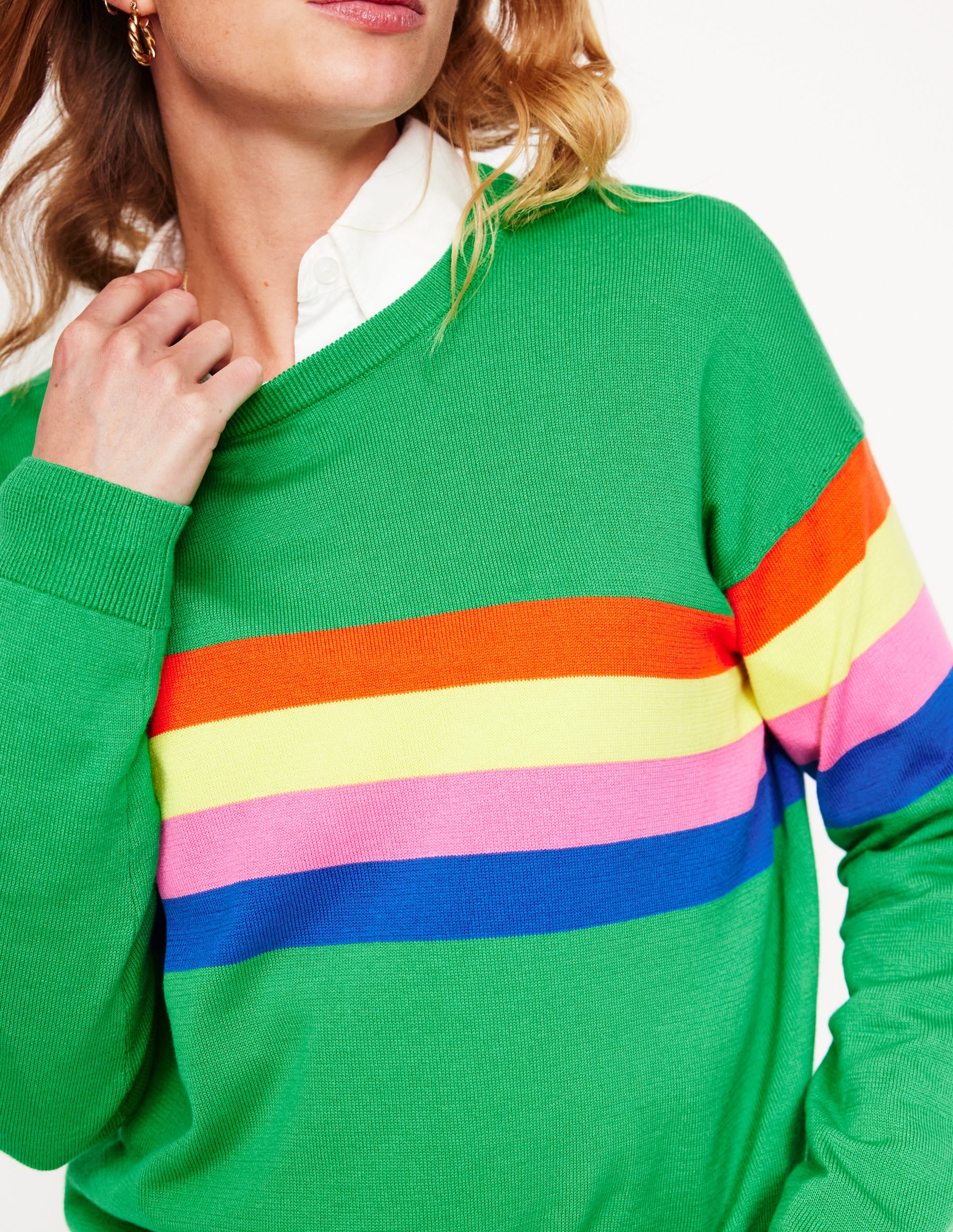 Lara Relaxed Cotton Jumper-Bright Green Chest Stripe - Image 2