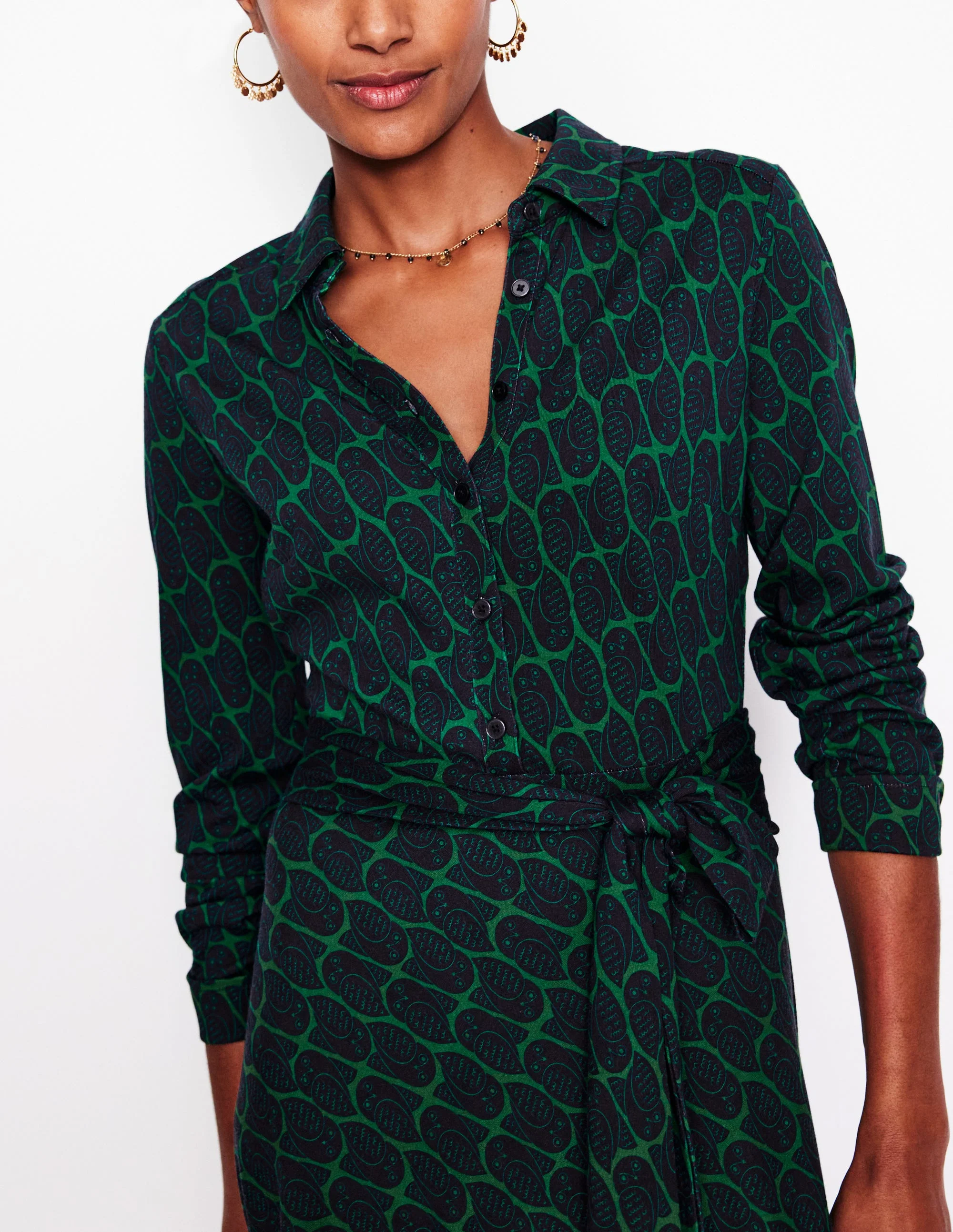 Laura Jersey Midi Shirt Dress-Rich Emerald, Owl Stamp - Image 2