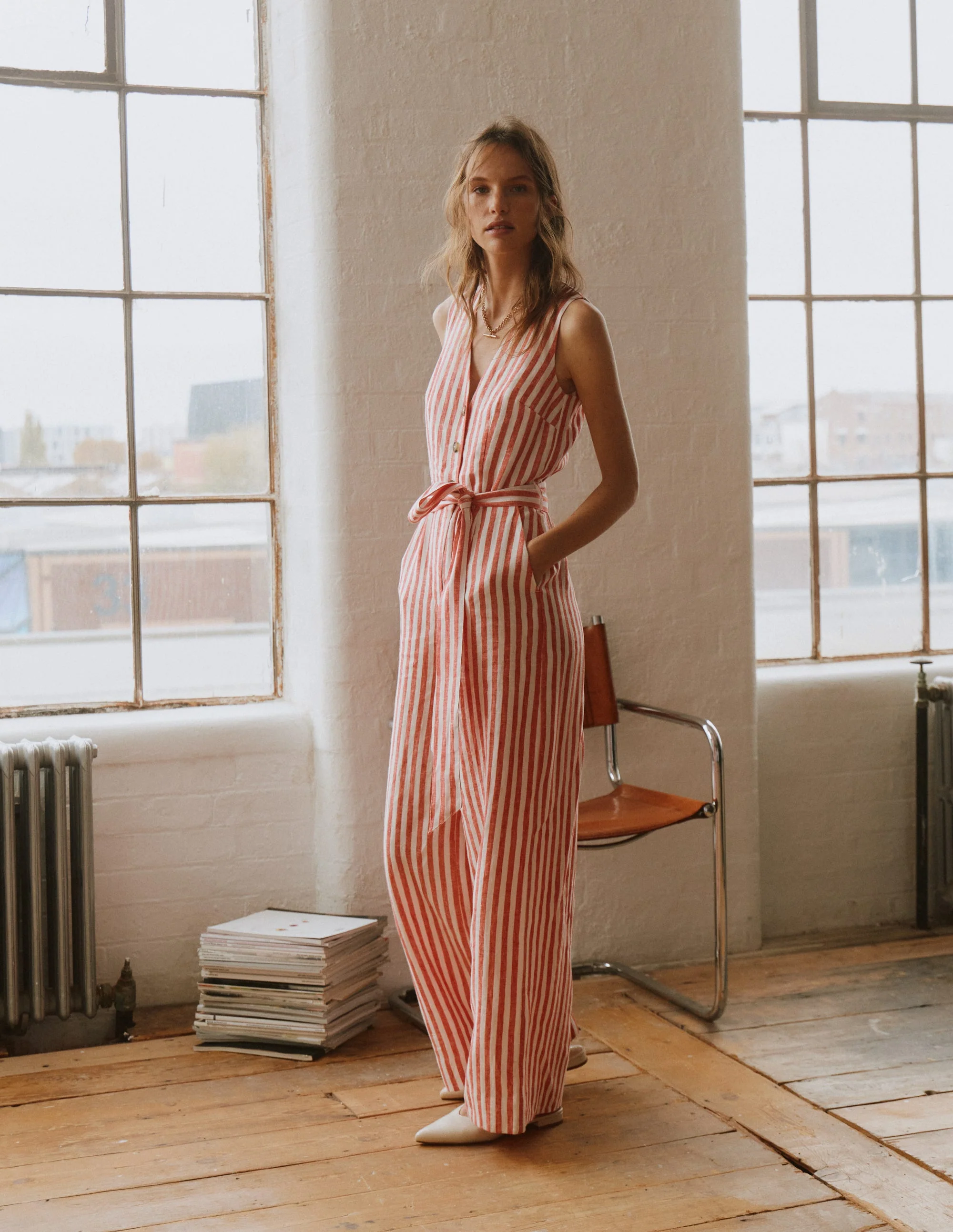Laura V-neck Linen Jumpsuit-Red, Ivory Stripe - Image 6