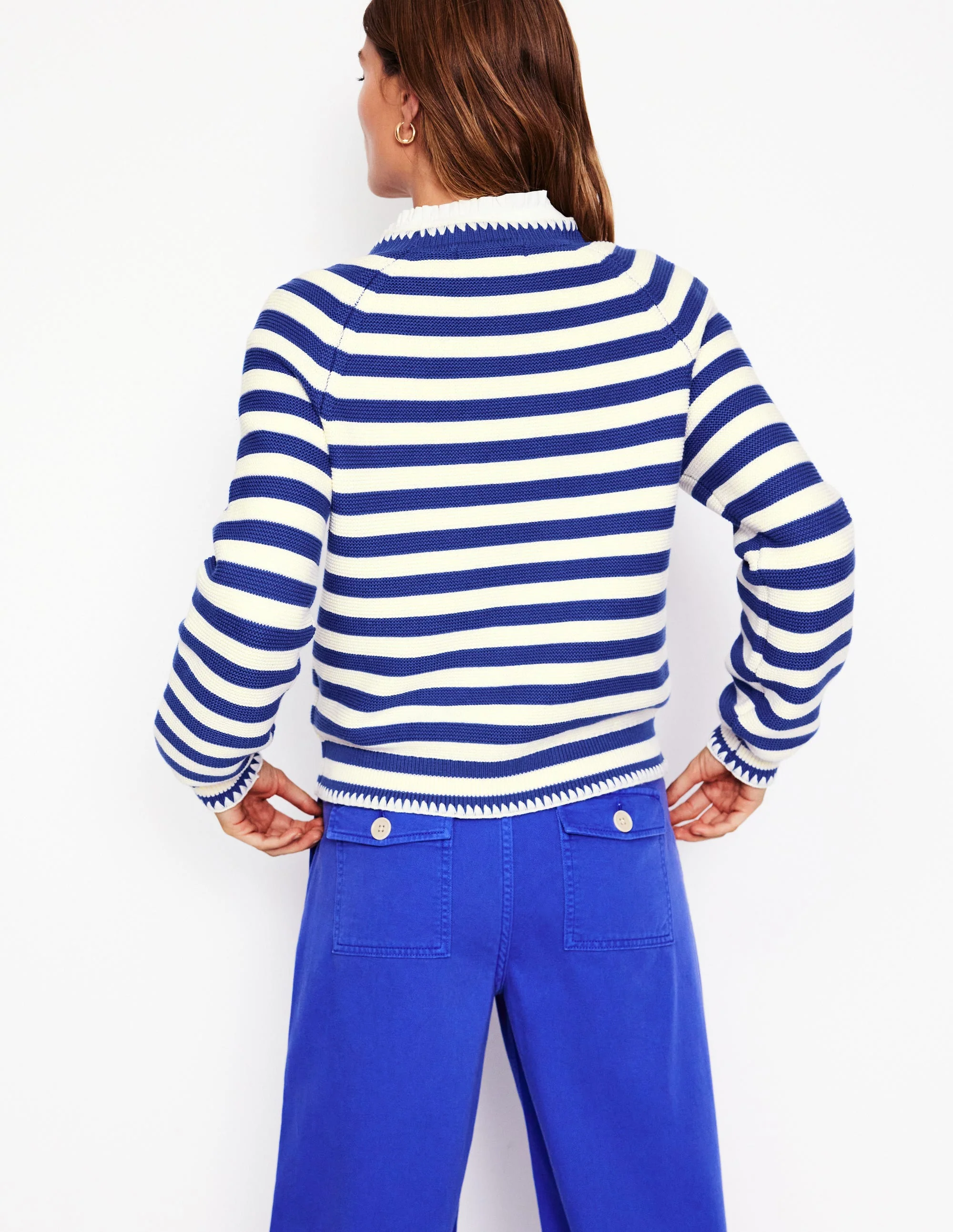 Lena Stitch Detail Sweater-Bright Blue and Ivory Stripe - Image 3