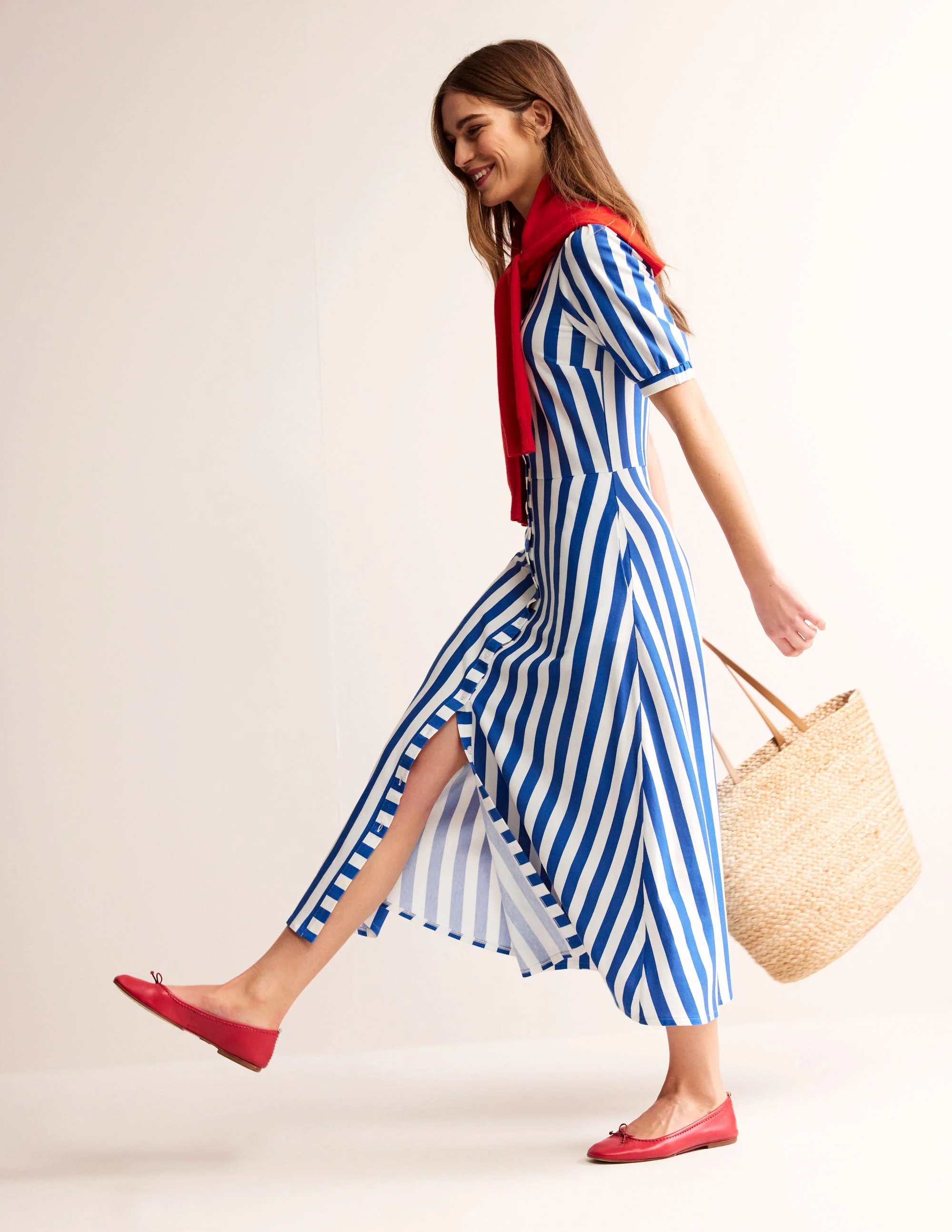 Libby Jersey Midi Shirt Dress-Blue, Ivory Stripe - Image 5