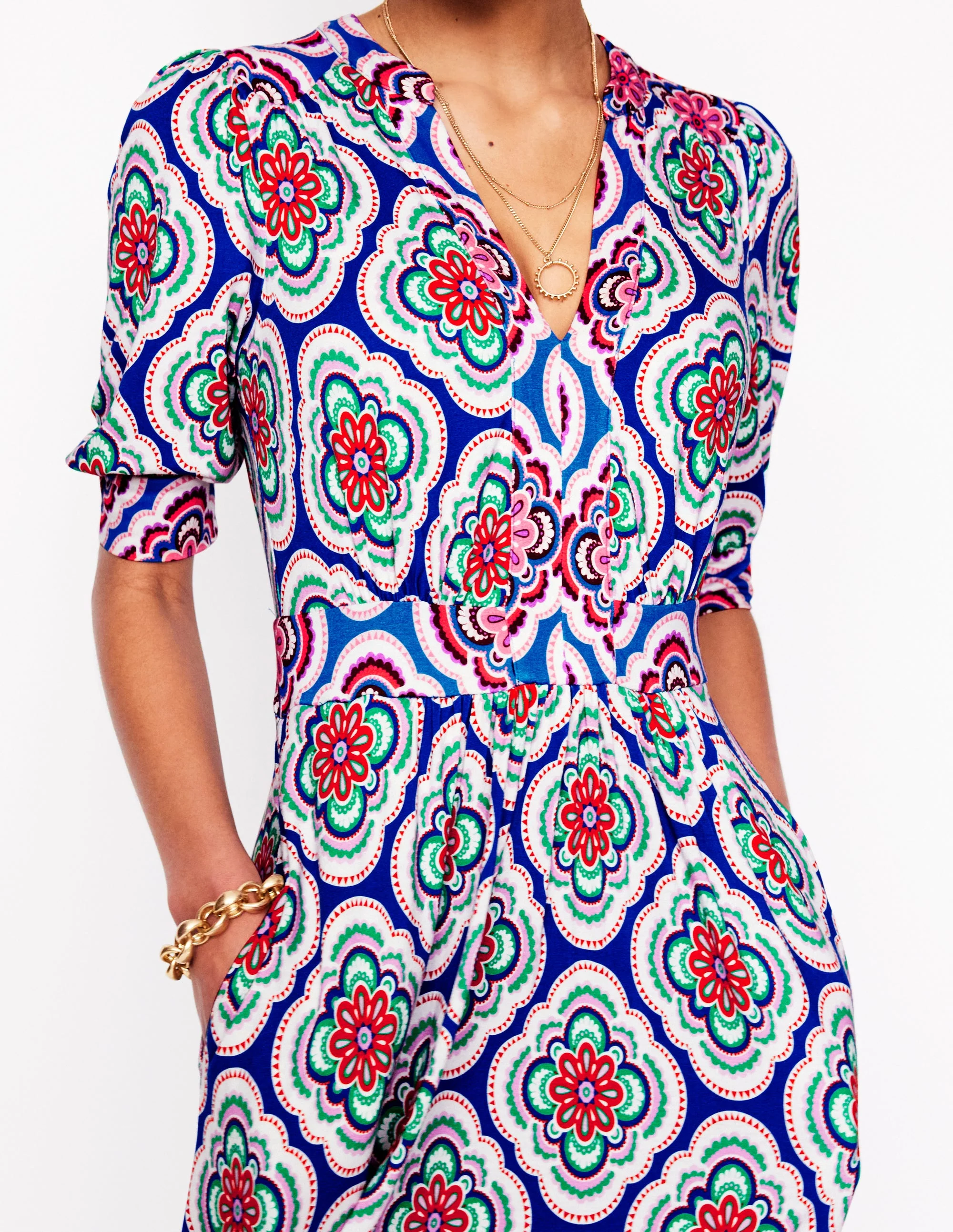 Lily Jersey Midi Tea Dress-Bright Blue, Botanic Blush - Image 2