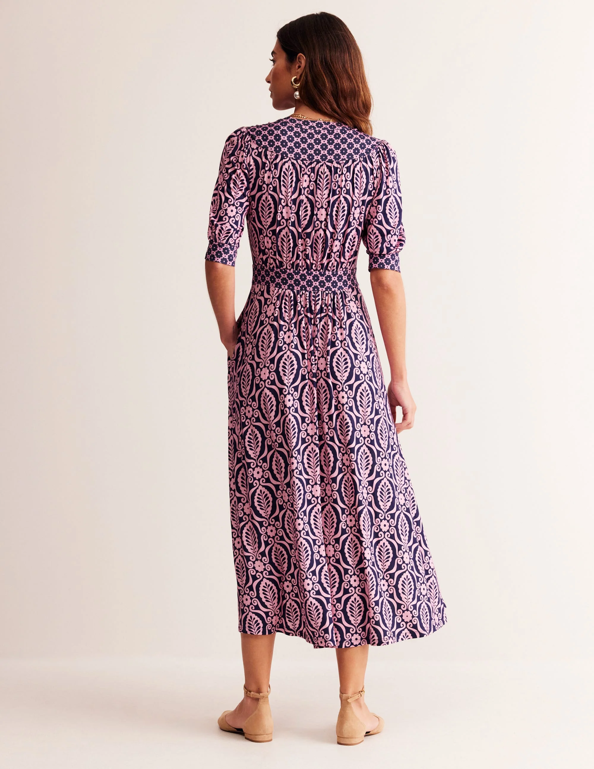 Lily Jersey Midi Tea Dress-Old Rose, Foliage Stamp - Image 3