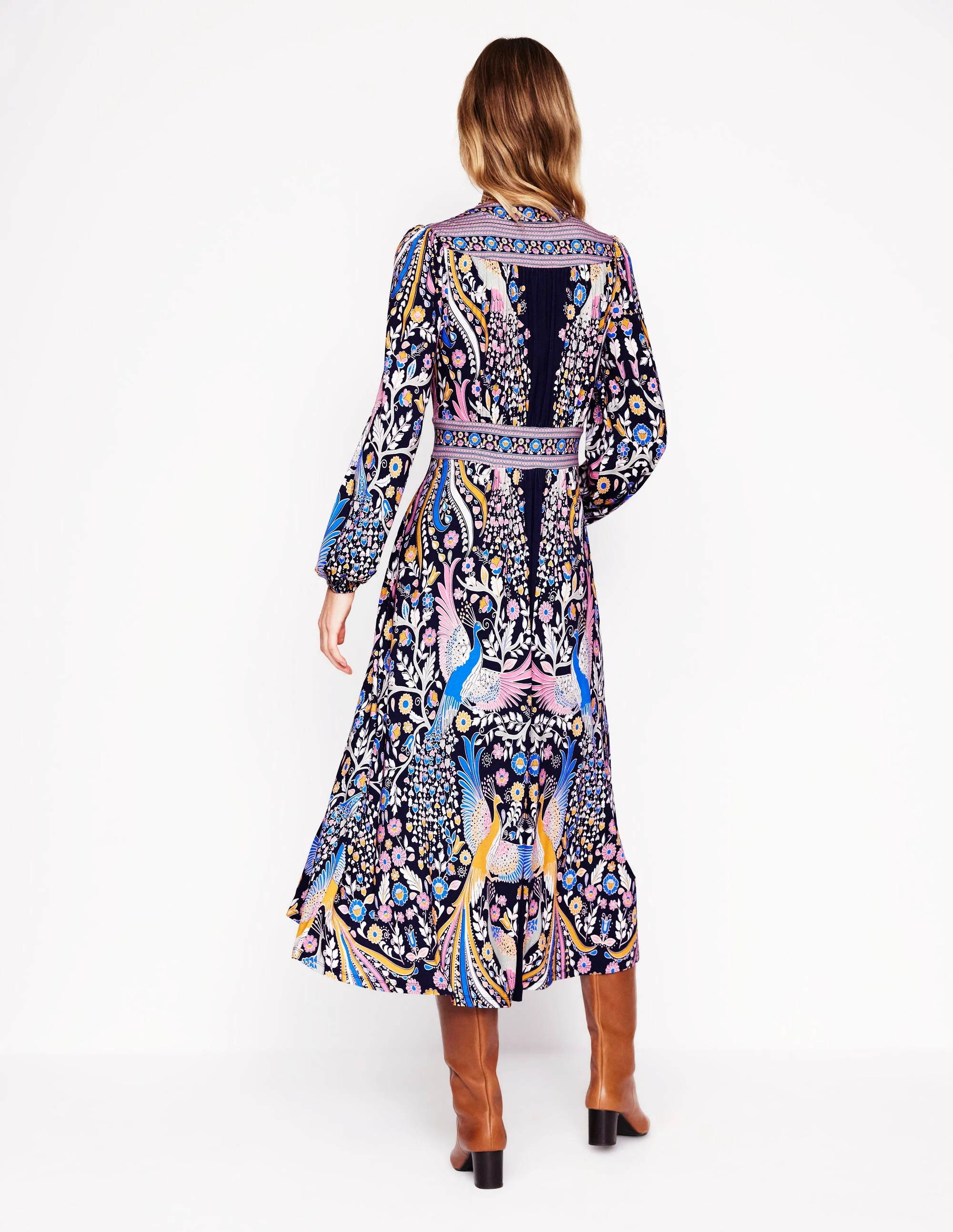 Lily Long Sleeve Midi Dress-French Navy,Enchanting Peacock - Image 4