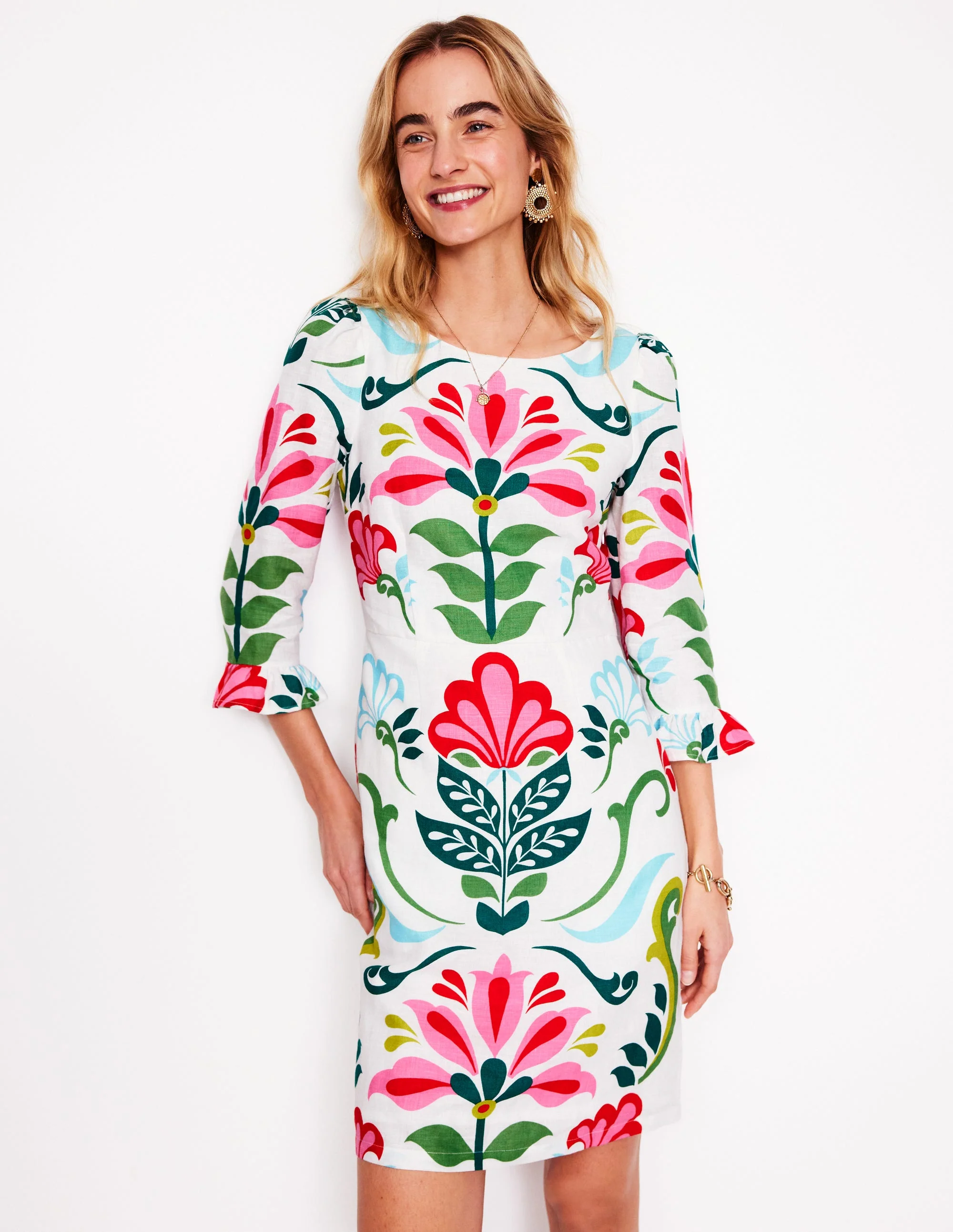 Linen Flute Sleeve Dress-Ivory, Decorative Stems