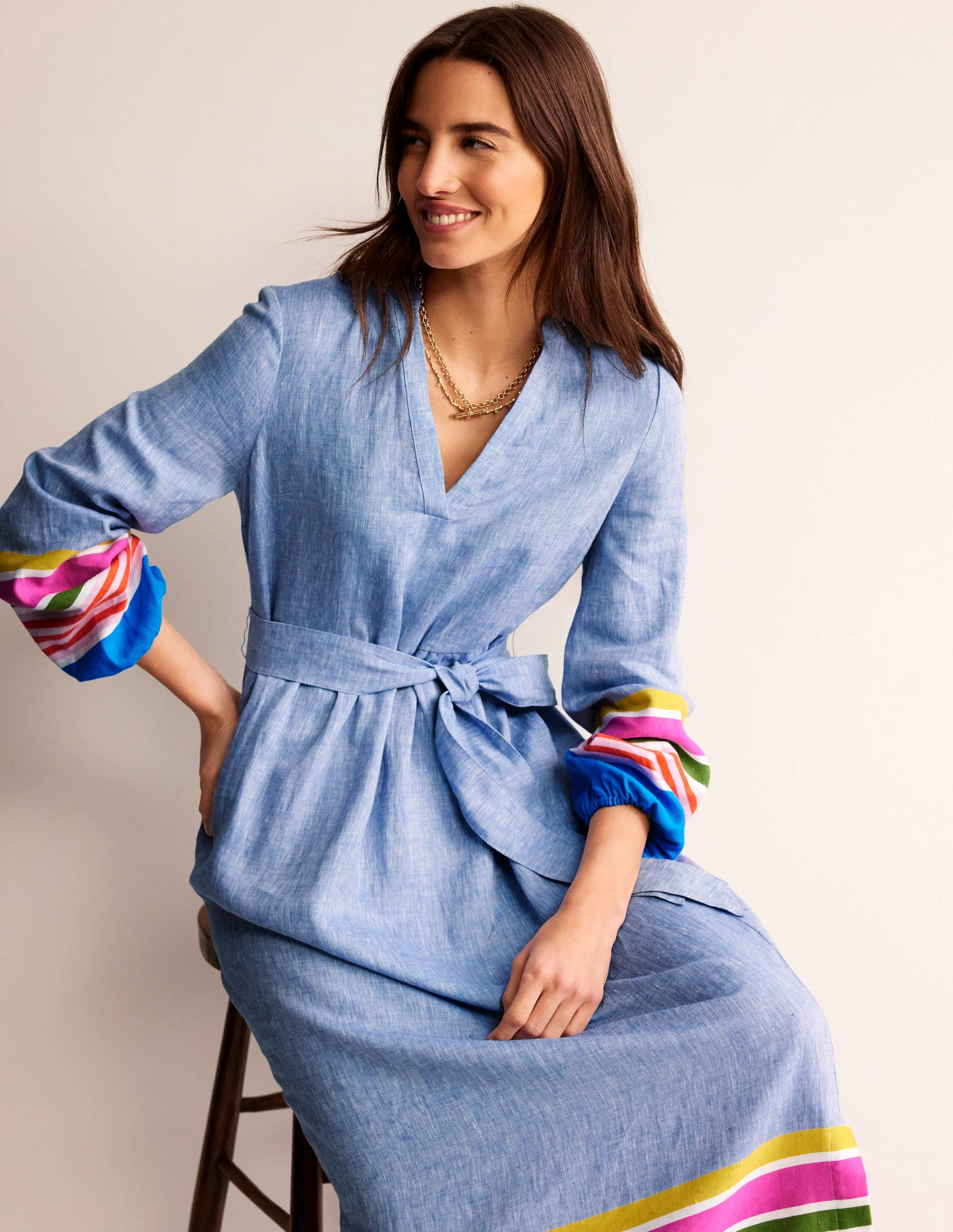 Linen Maxi Notch Neck Dress-Blue and Multistripe - Image 3
