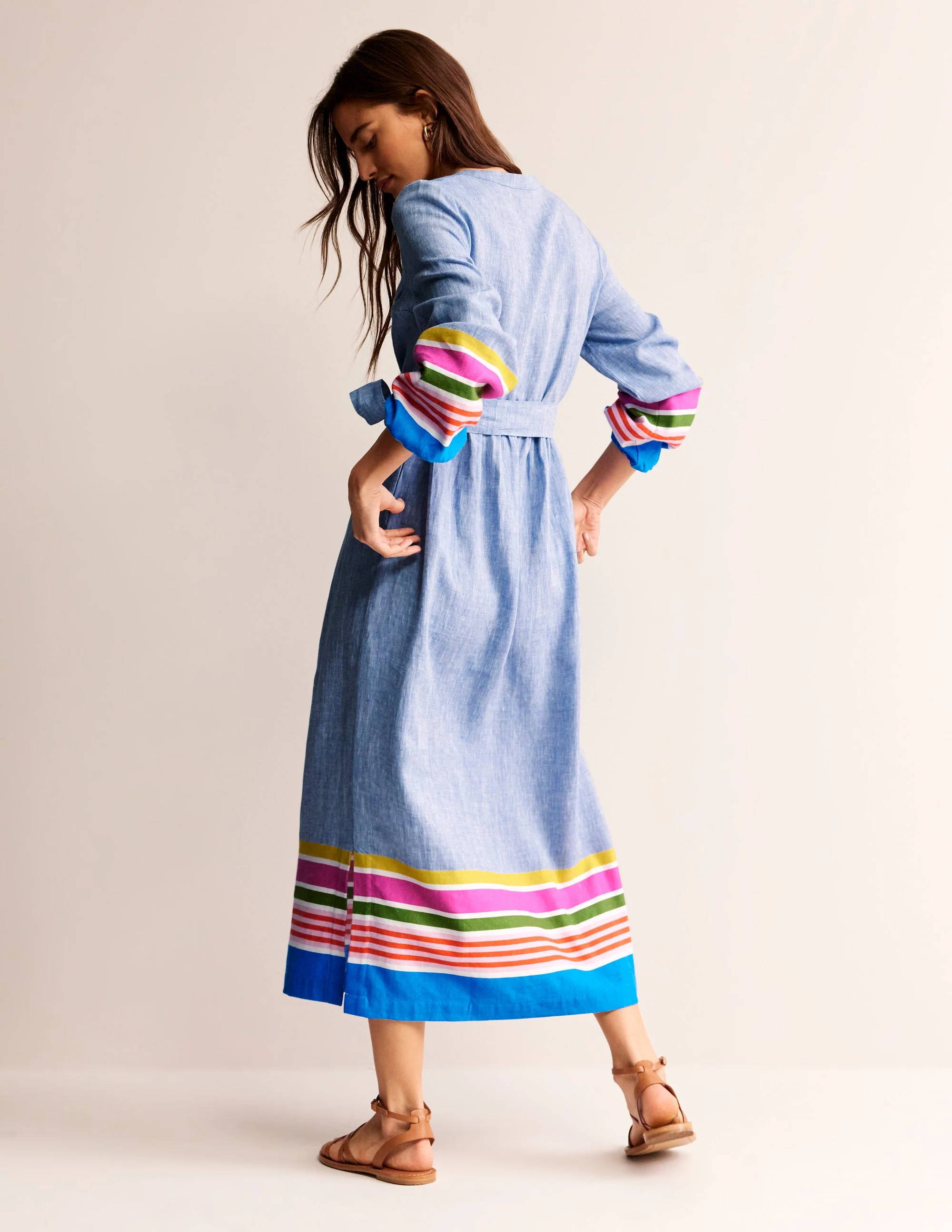 Linen Maxi Notch Neck Dress-Blue and Multistripe - Image 4