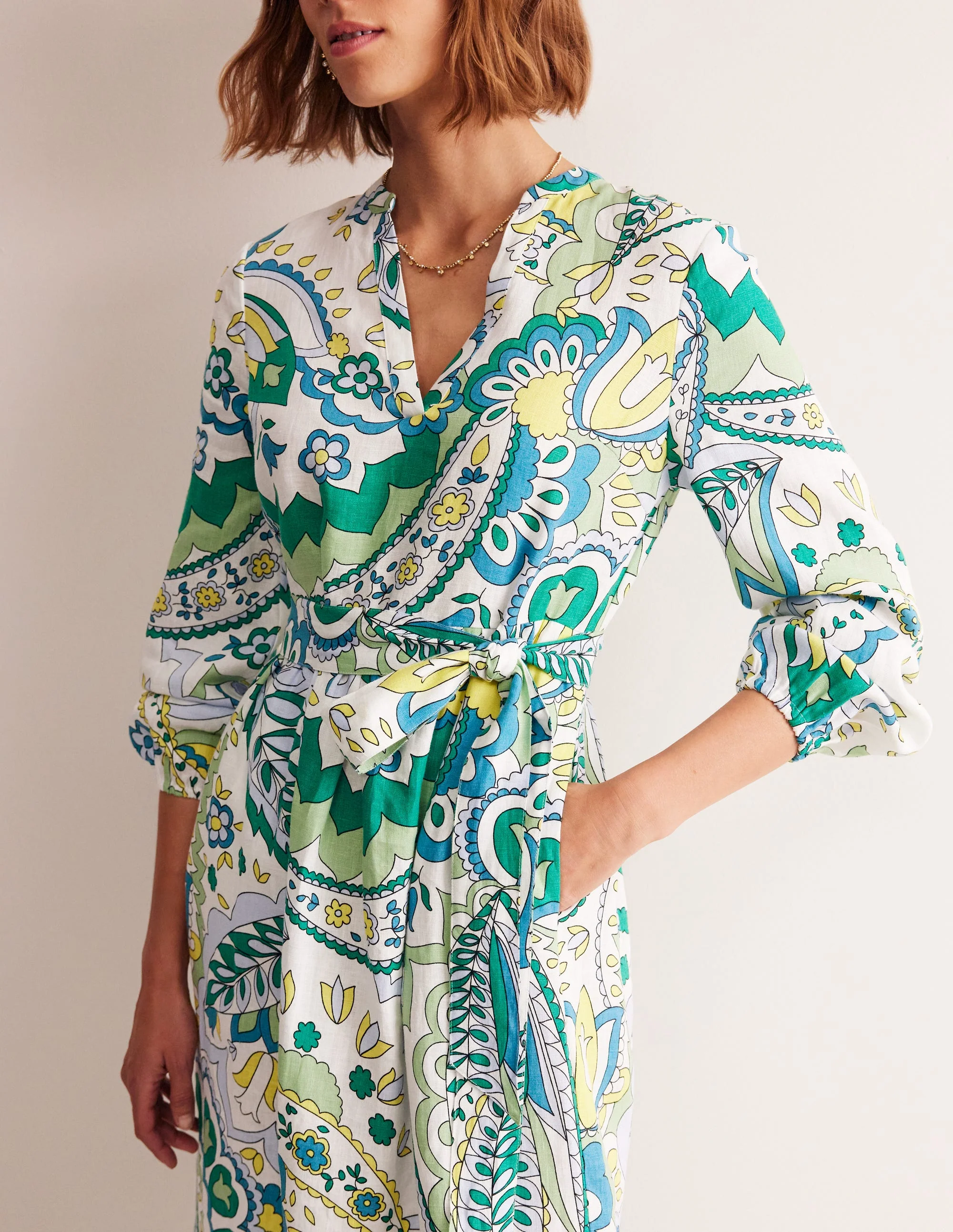 Linen Maxi Notch Neck Dress-Emerald, Foliage Paisley - Image 2