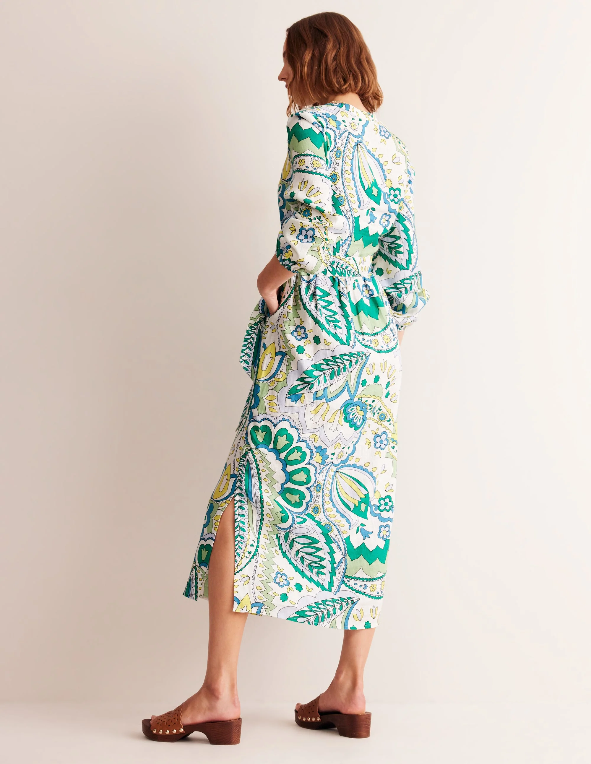 Linen Maxi Notch Neck Dress-Emerald, Foliage Paisley - Image 3