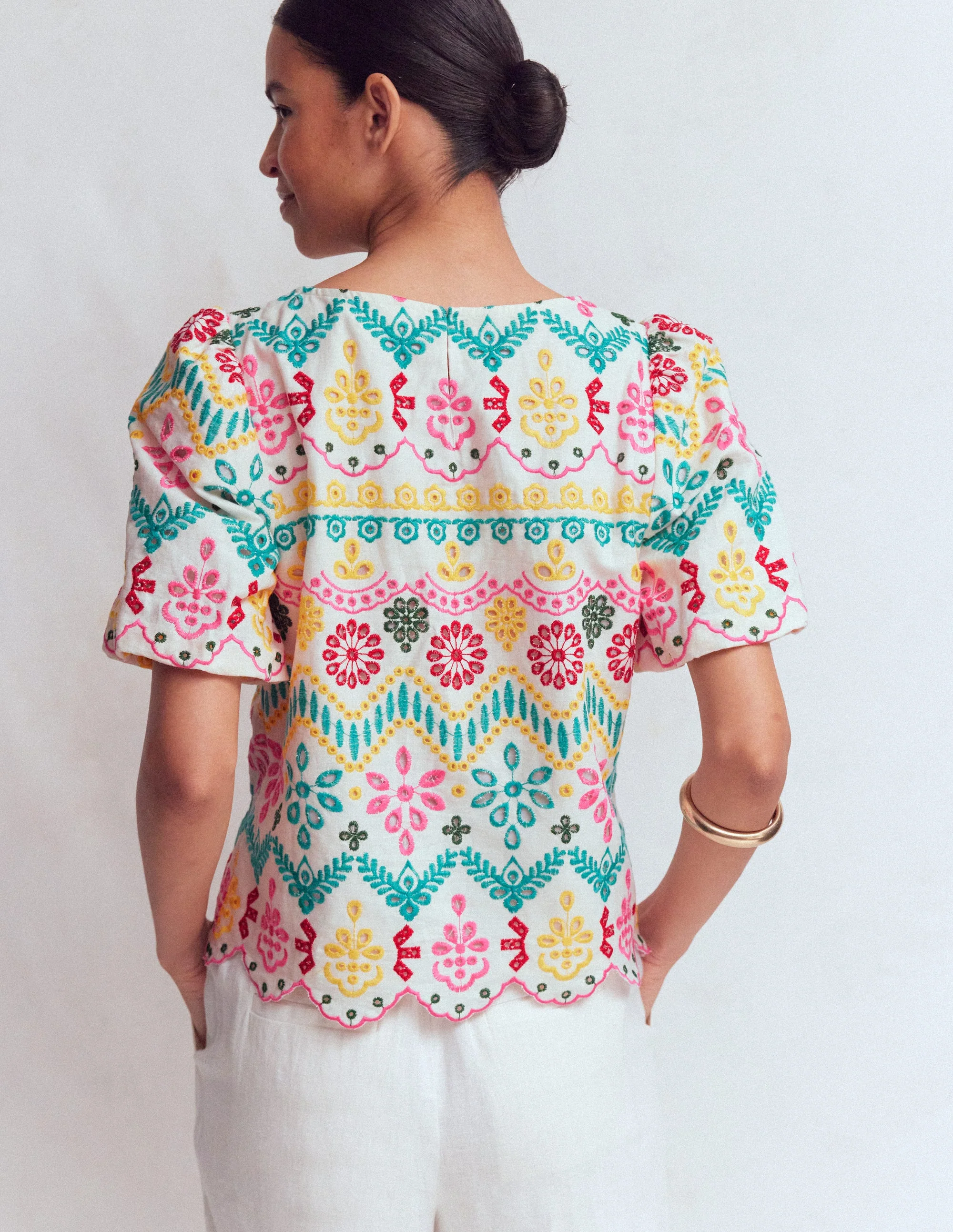 Linen Puff Sleeve Top-Multi Broderie - Image 4