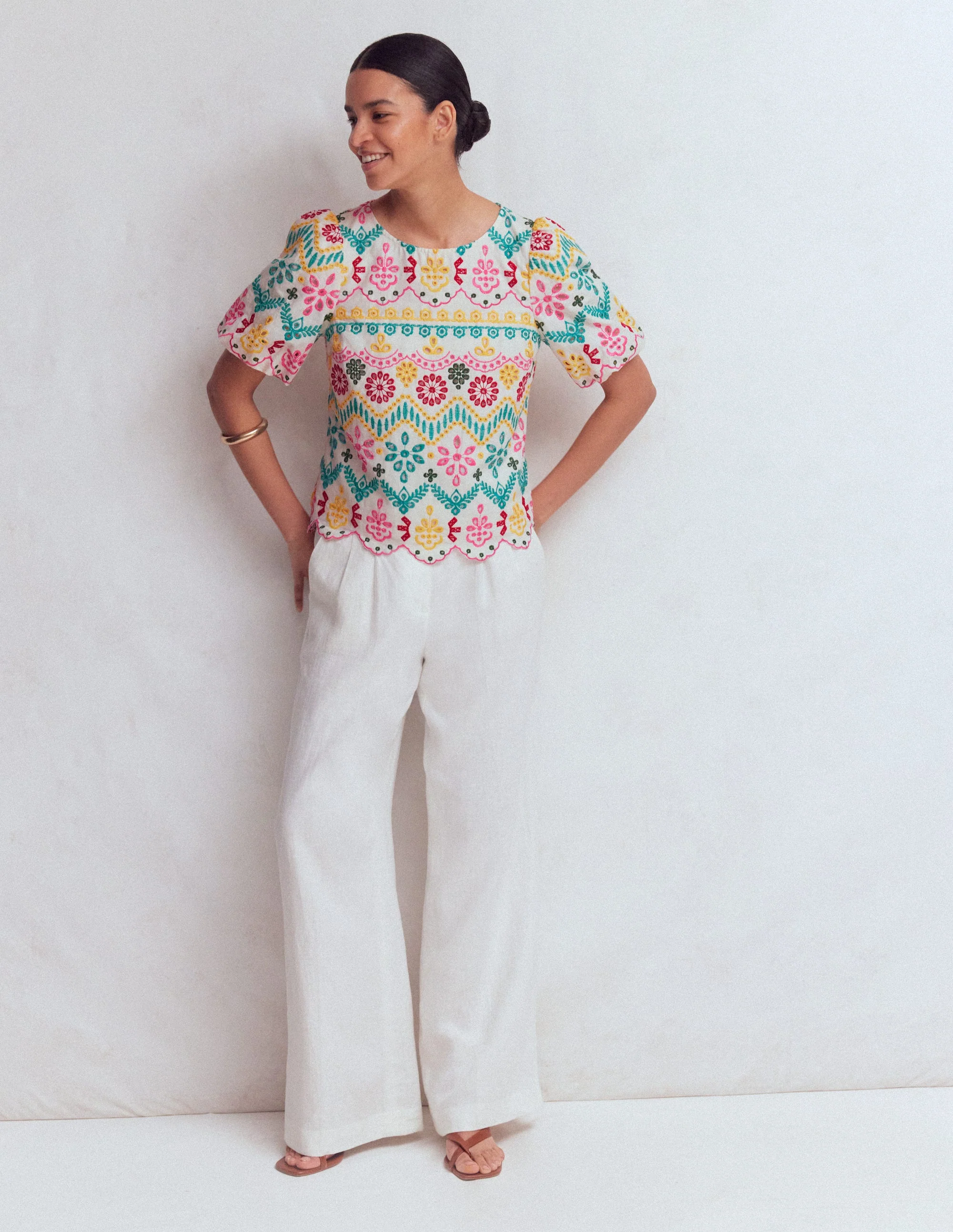 Linen Puff Sleeve Top-Multi Broderie - Image 5