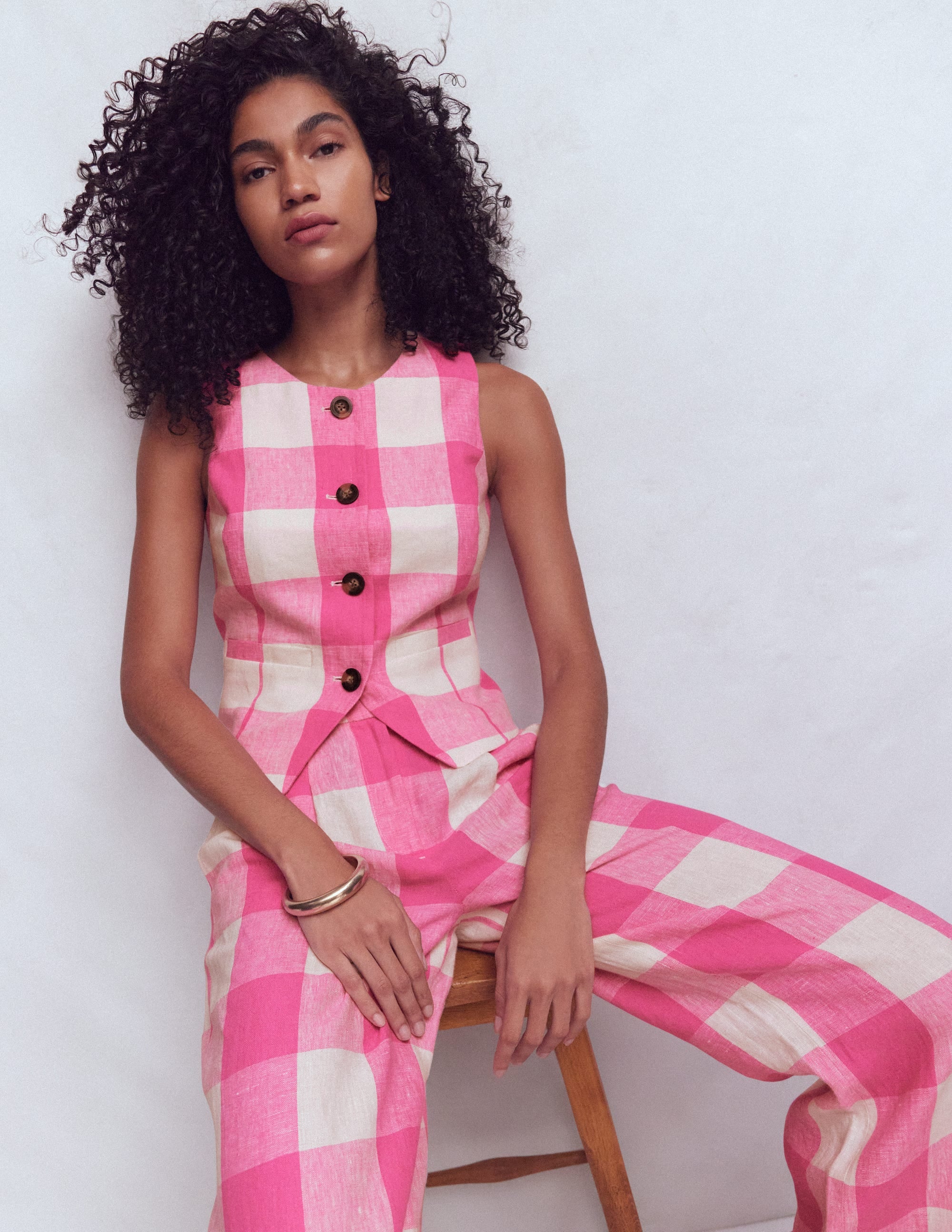 Linen Scoop Neck Waistcoat-Pink Punch Gingham