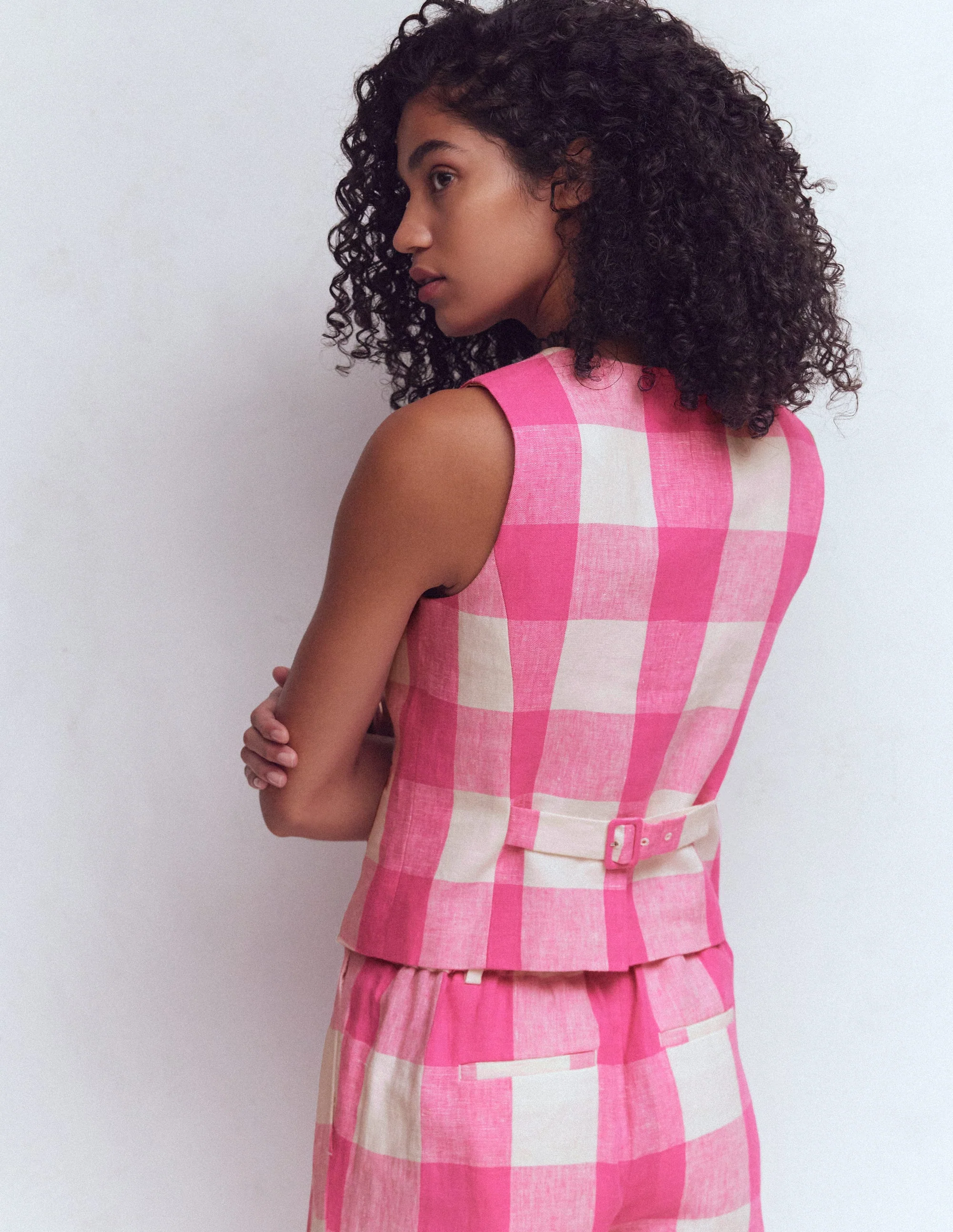 Linen Scoop Neck Waistcoat-Pink Punch Gingham - Image 3