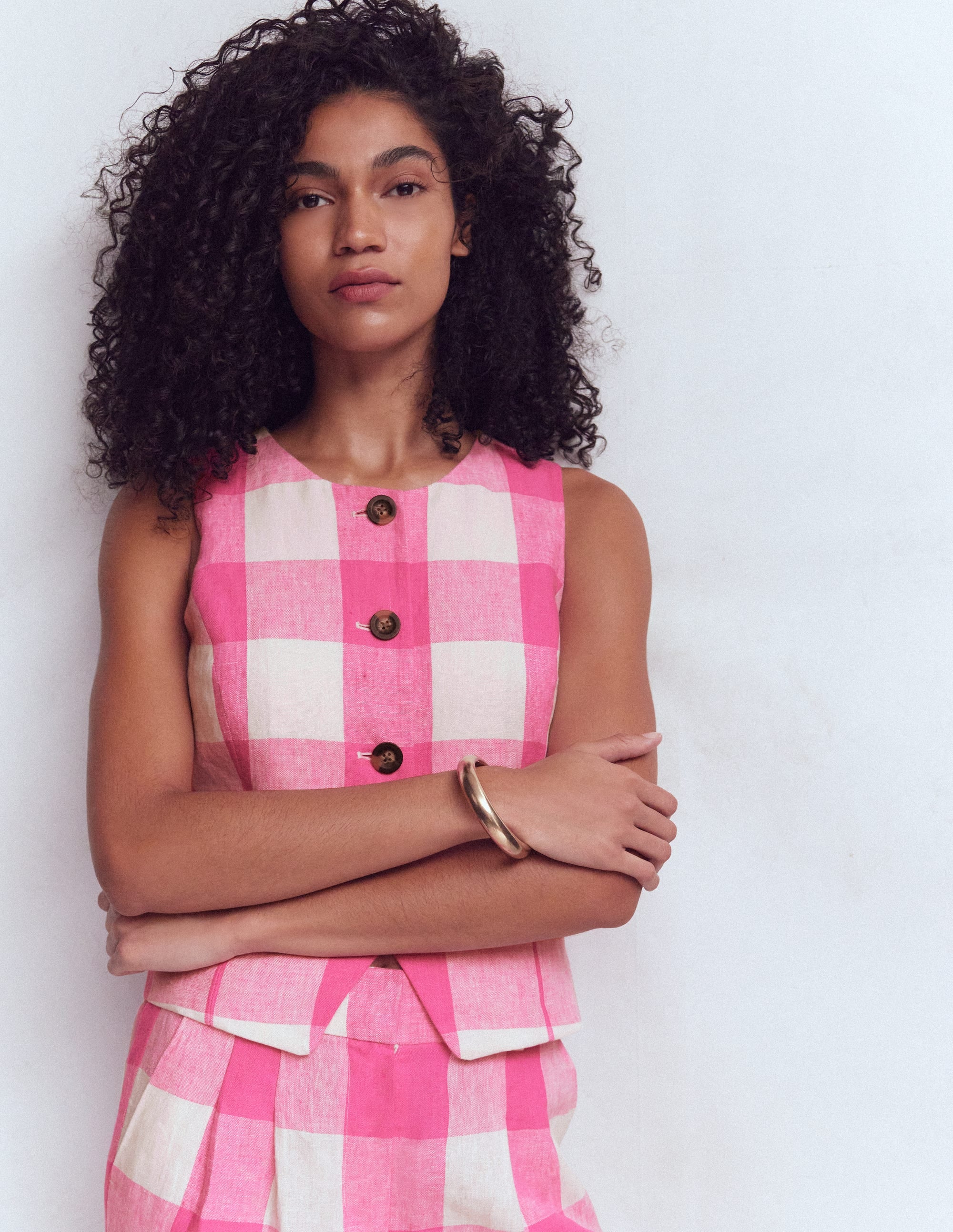 Linen Scoop Neck Waistcoat-Pink Punch Gingham - Image 4