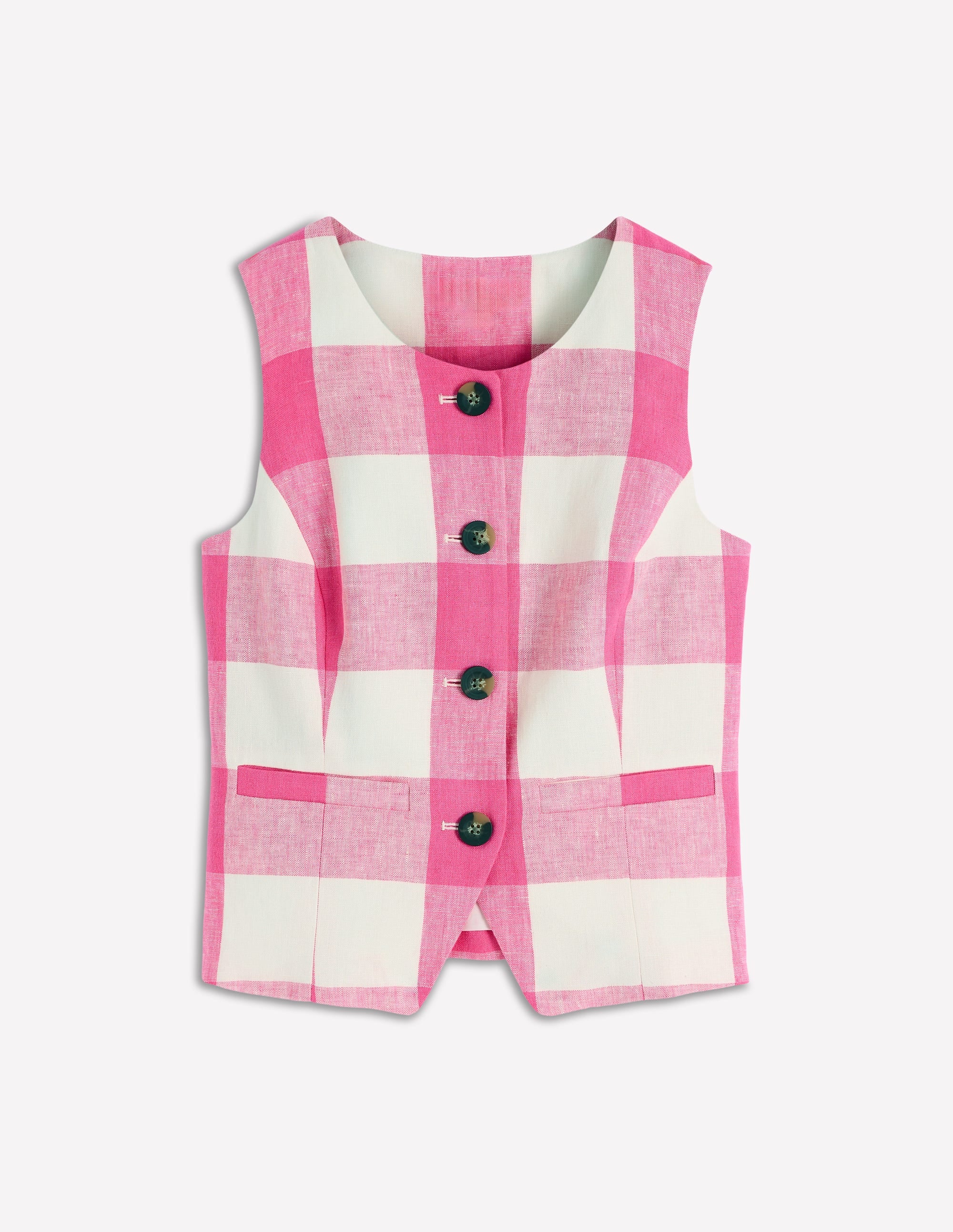 Linen Scoop Neck Waistcoat-Pink Punch Gingham - Image 5