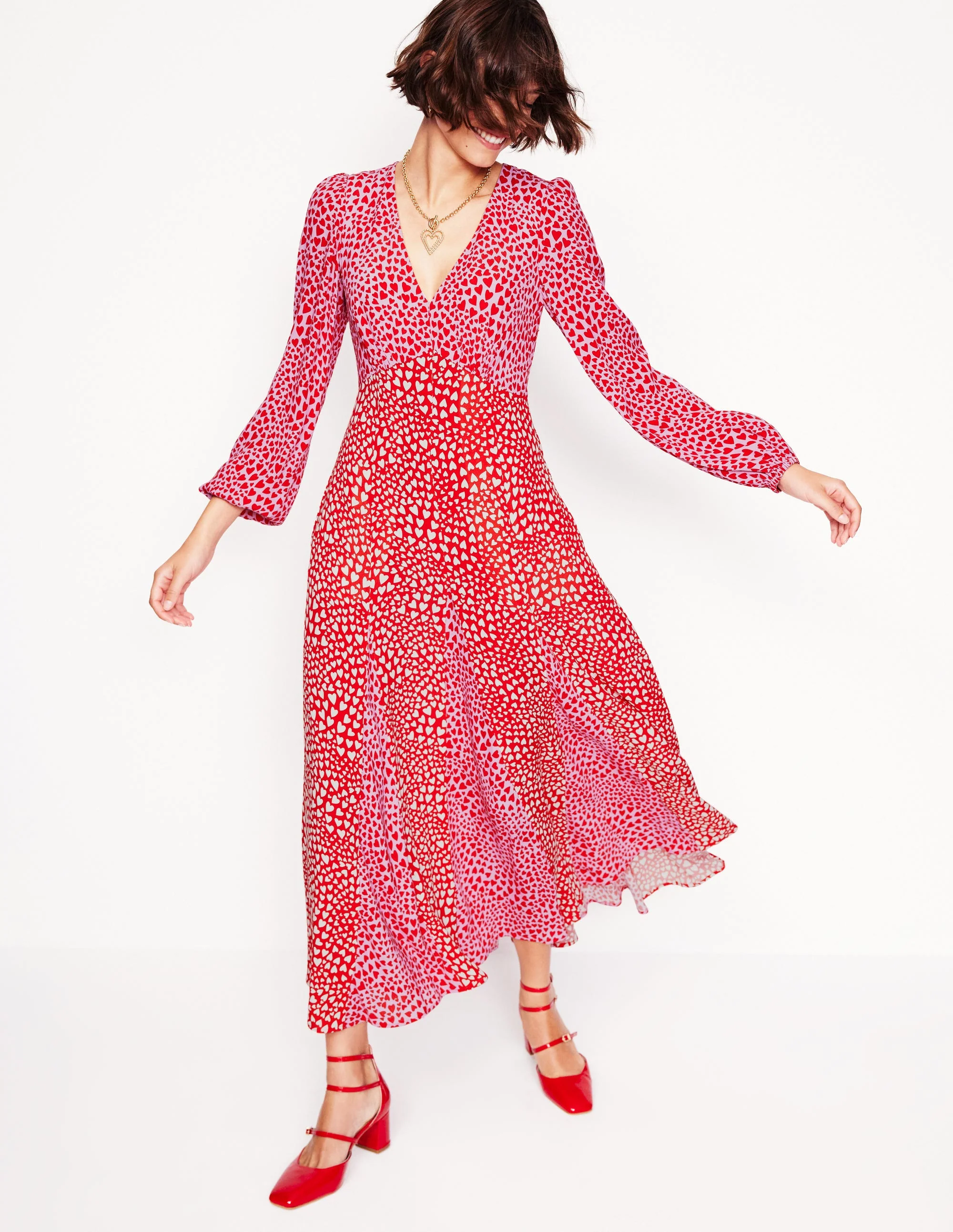Lisa Long Sleeve Tea Dress-Pink, Heart Cluster - Image 2