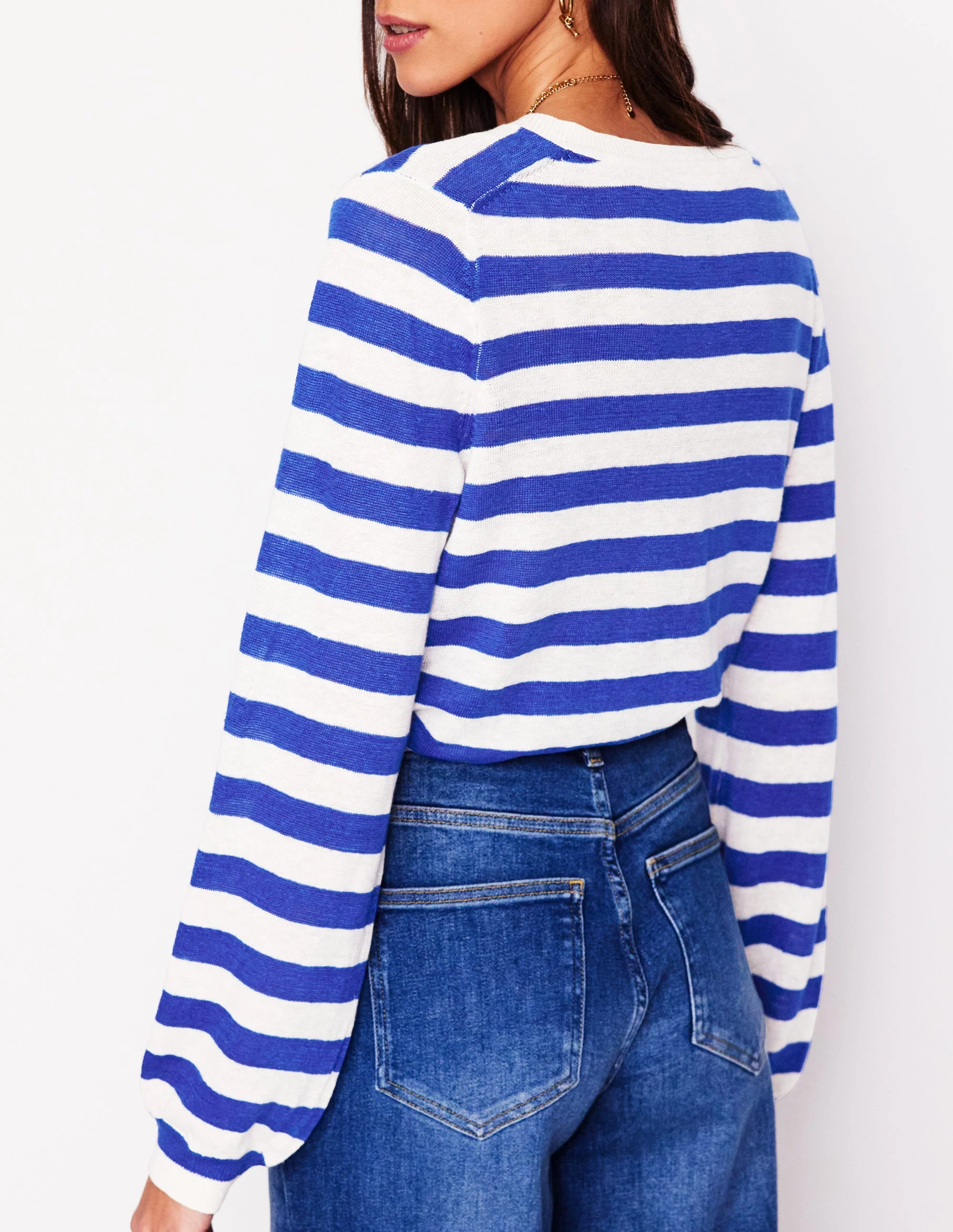 Liv Henley Linen Sweater-Bright Blue and Ivory Stripe - Image 4