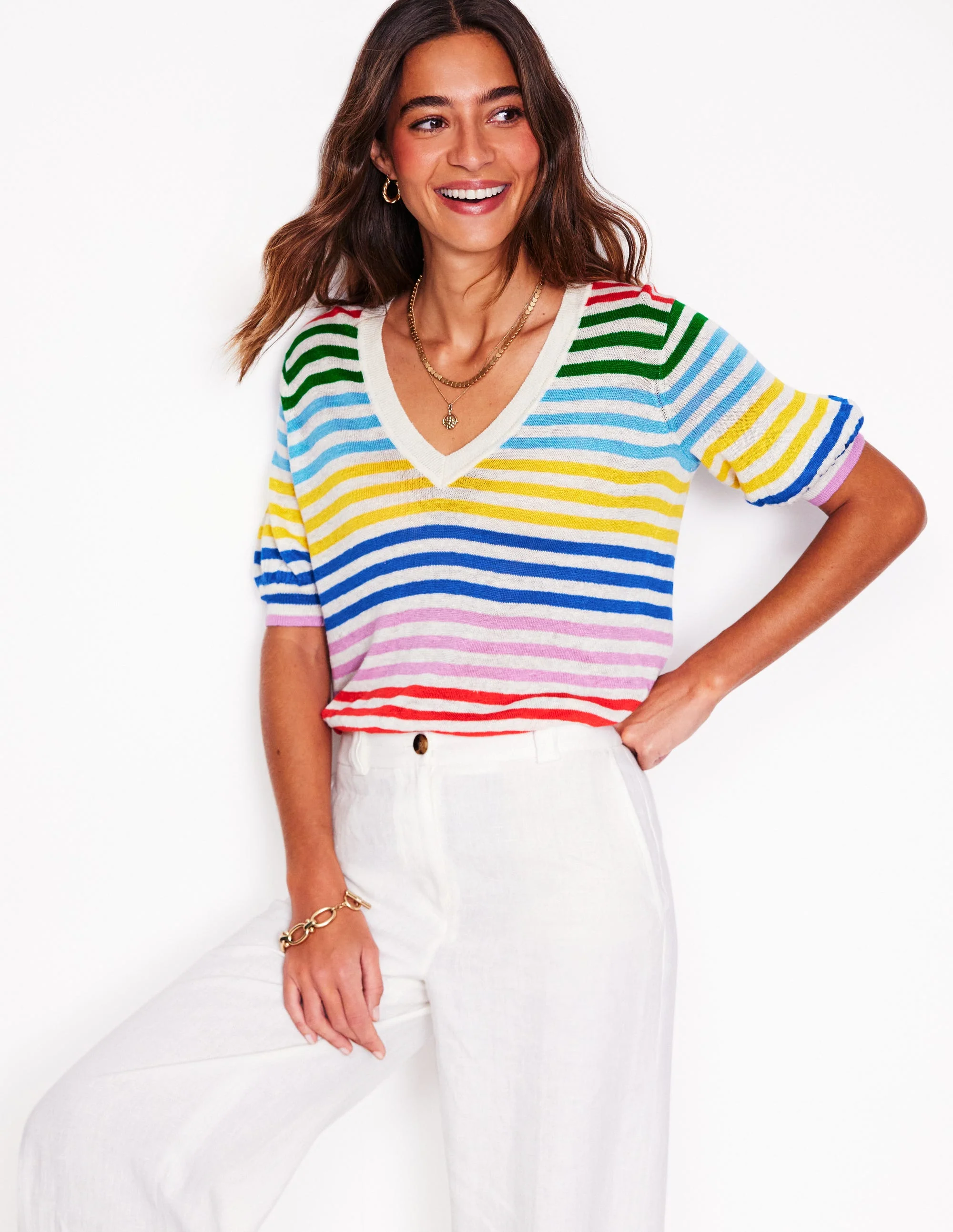Liv V-Neck Linen T-Shirt-Banded Rainbow Stripe - Image 2
