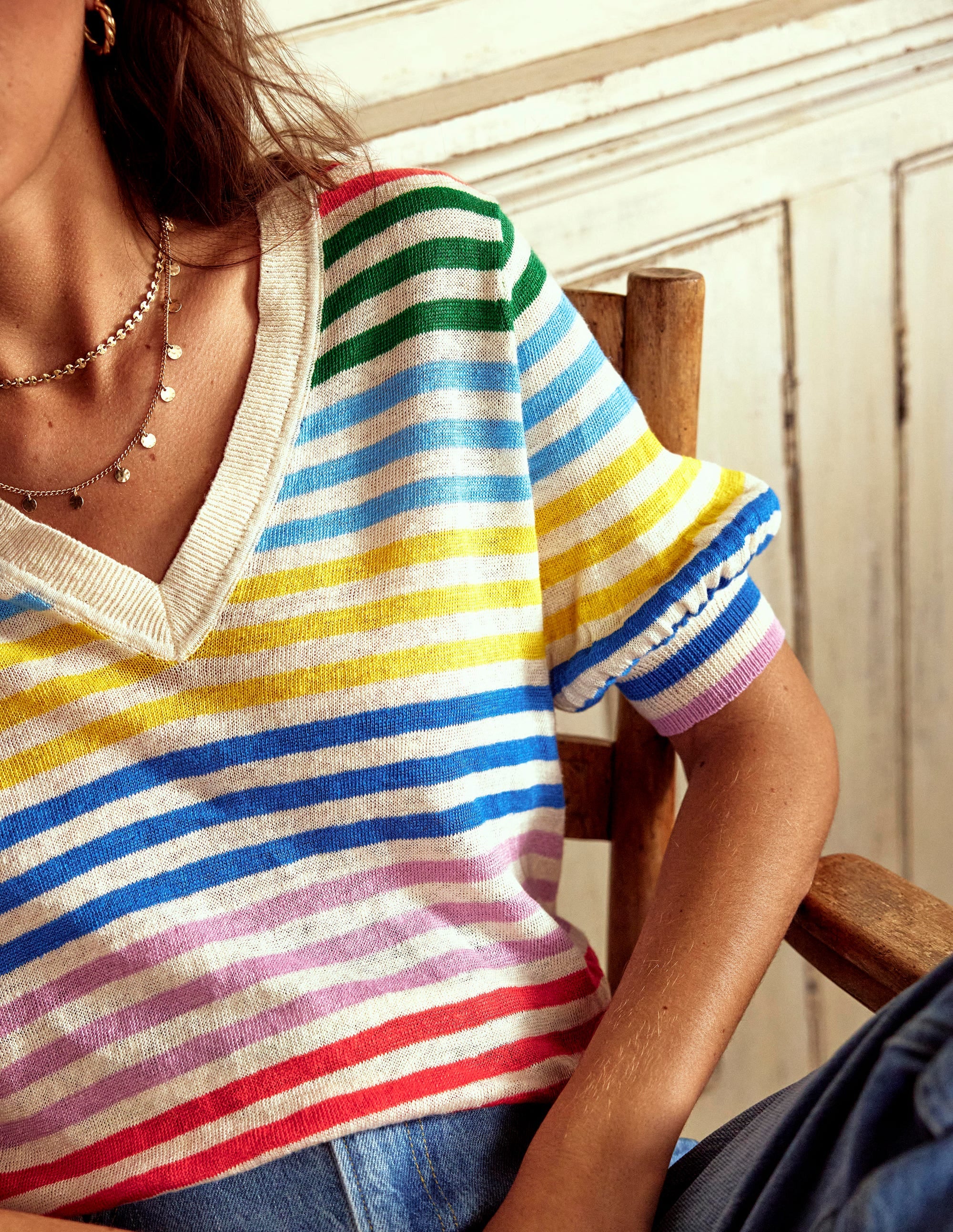 Liv V-Neck Linen T-Shirt-Banded Rainbow Stripe - Image 6