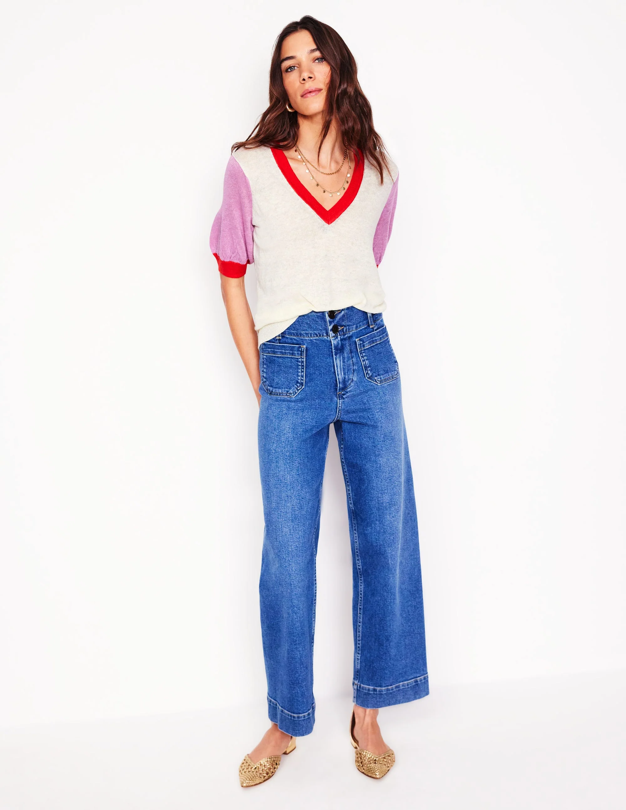 Liv V-Neck Linen T-Shirt-Warm Ivory/ Soft Lavender Pink - Image 5